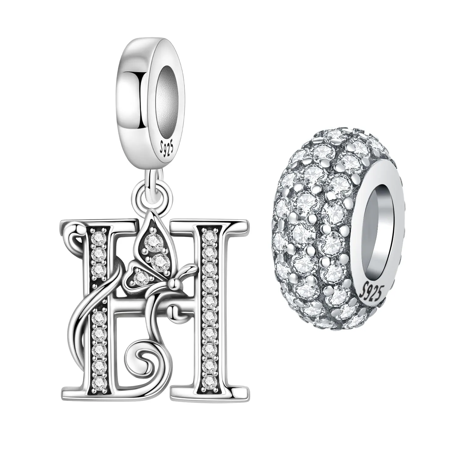 PANPOKI Ciondoli a forma di lettera in Argento S925 e Zirconia per Bracciali e Collane Europei, Lettera H - immagine 1