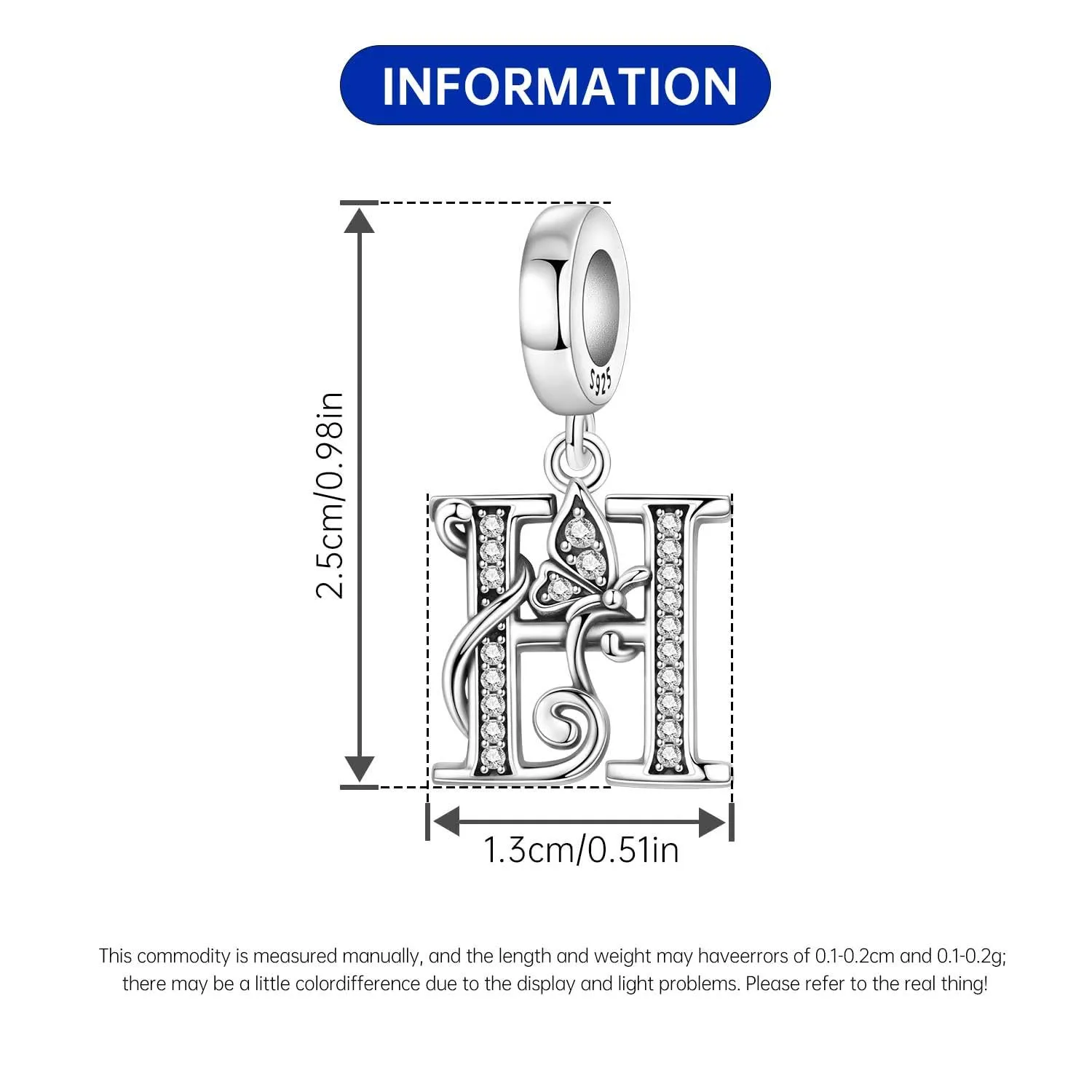 PANPOKI Ciondoli a forma di lettera in Argento S925 e Zirconia per Bracciali e Collane Europei, Lettera H - immagine 2