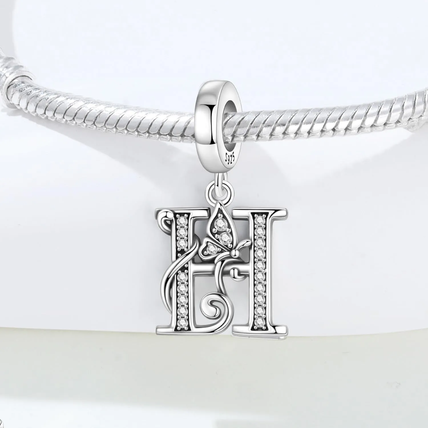 PANPOKI Ciondoli a forma di lettera in Argento S925 e Zirconia per Bracciali e Collane Europei, Lettera H - immagine 4