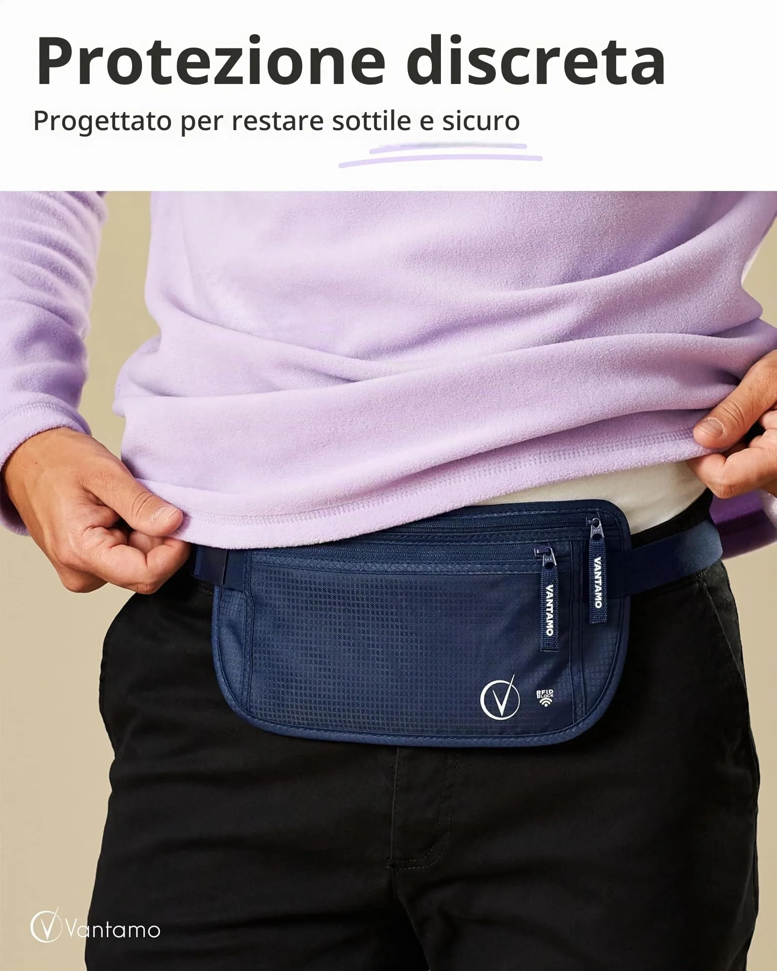 Vantamo Marsupio Ultrapiatto RFID per Uomo e Donna con Cintura Regolabile - immagine 2