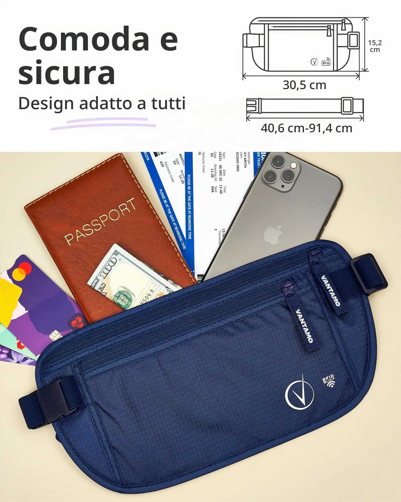 Vantamo Marsupio Ultrapiatto RFID per Uomo e Donna con Cintura Regolabile - immagine 4