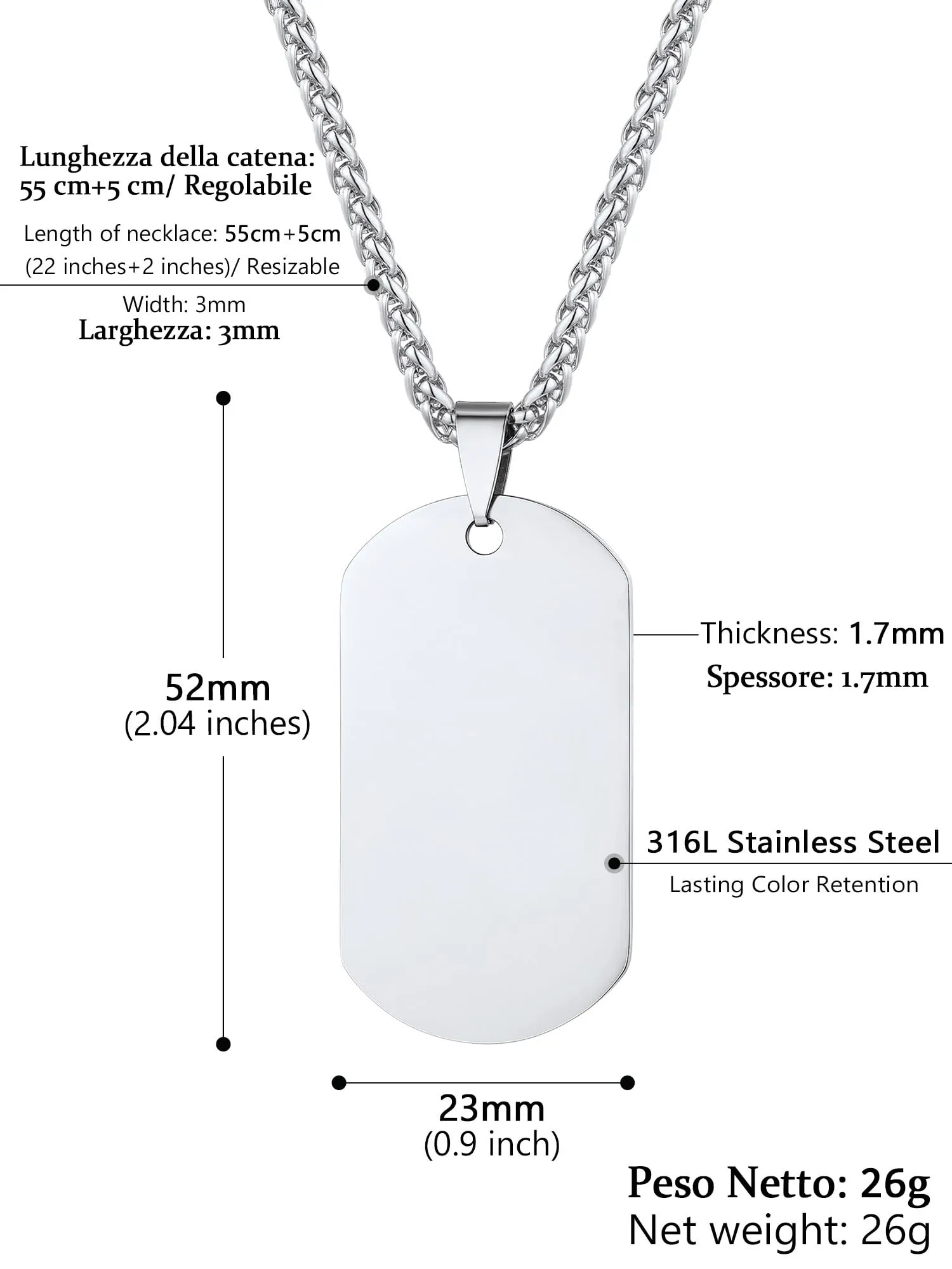 PROSTEEL Collana Militare Dog Tag in Acciaio Inossidabile, Catena Regolabile 55-60 cm, Unisex, Argento - immagine 5