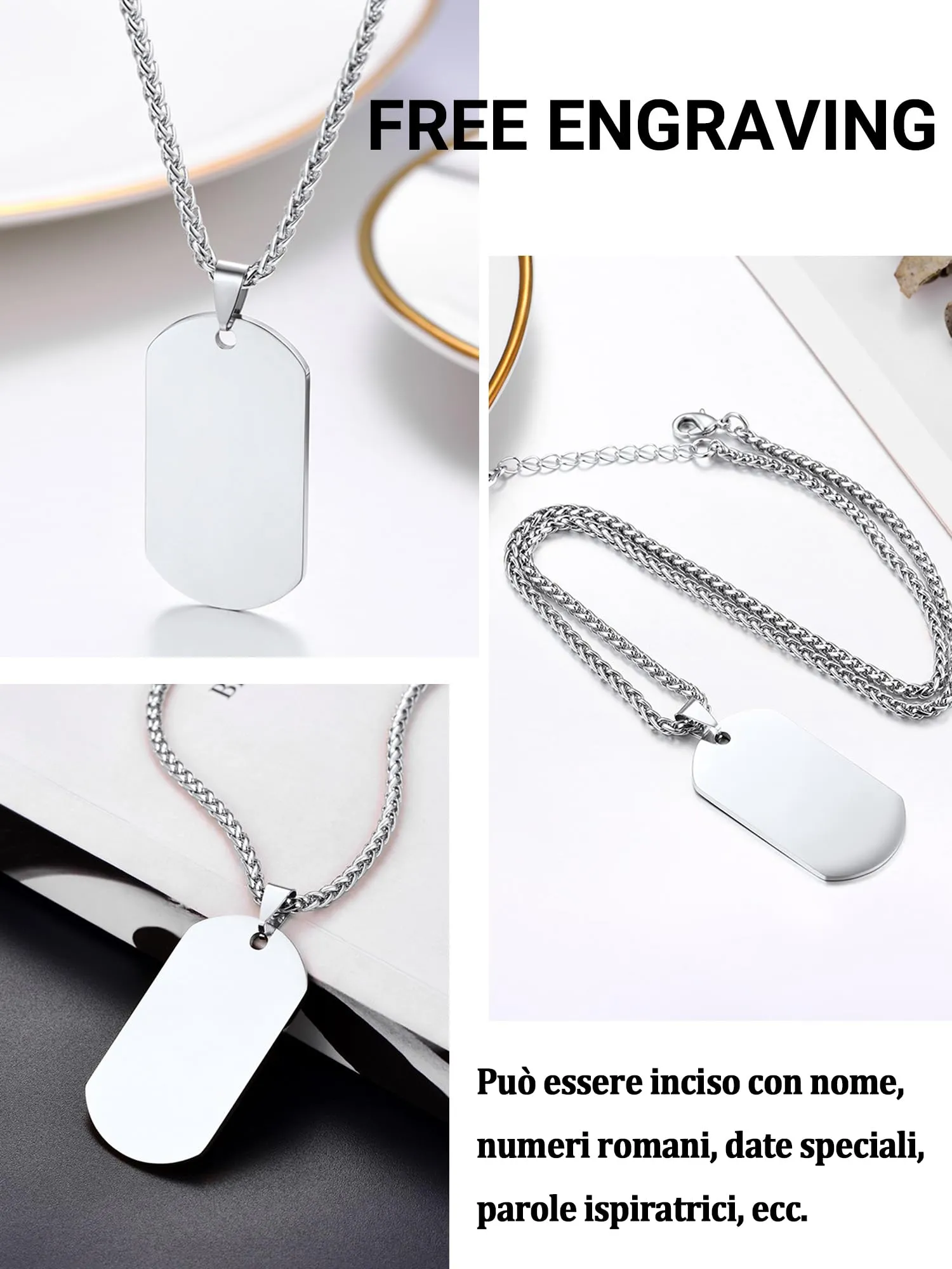 PROSTEEL Collana Militare Dog Tag in Acciaio Inossidabile, Catena Regolabile 55-60 cm, Unisex, Argento - immagine 7