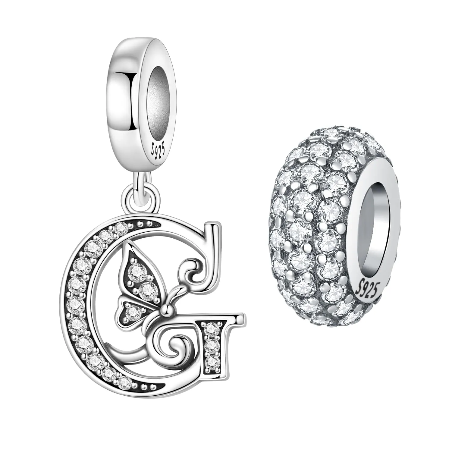 PANPOKI Set 2 Ciondoli a Lettera Farfalla in Argento Sterling 925 con Perle Distanziatrici Pavé - immagine 1
