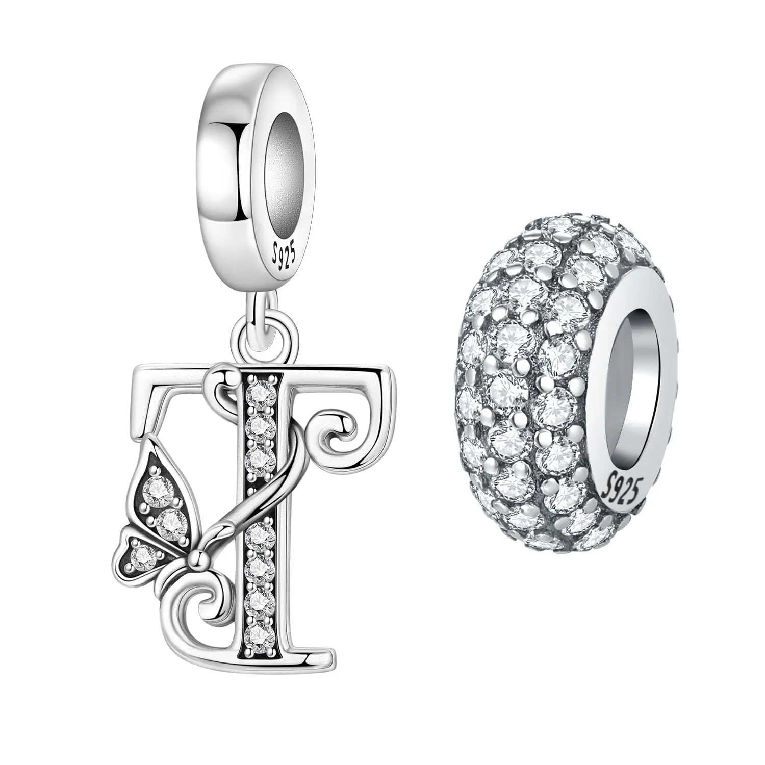 PANPOKI Set 2 Ciondoli a Lettera a Forma di Farfalla in Argento Sterling 925 con Perline Distanziatrici in Zirconia Cubica Pavé - immagine 1