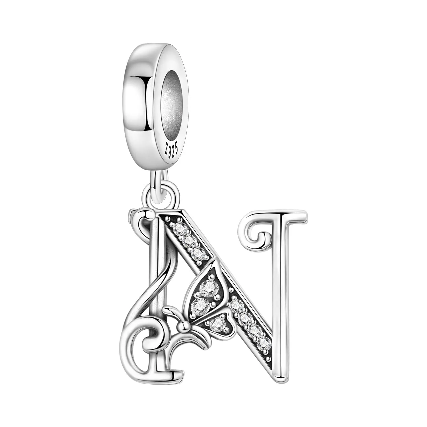 PANPOKI Set di 2 Ciondoli a Farfalla con Lettera in Argento Sterling 925 e Perla Distanziatrice in Zirconia Cubica - immagine 2