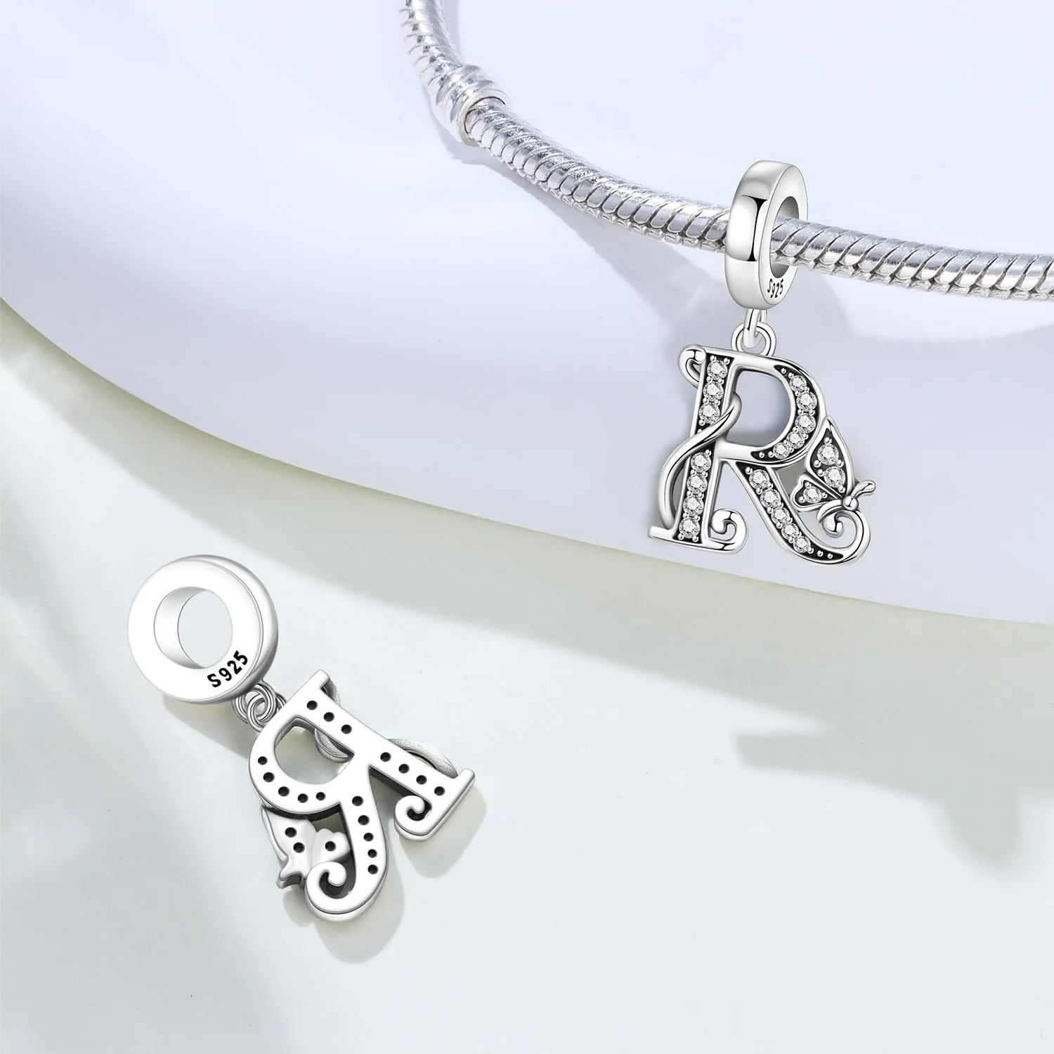 PANPOKI Ciondoli a forma di lettera in Argento Sterling S925 con Zirconia per Bracciali e Collane Europei, R Abito - immagine 6