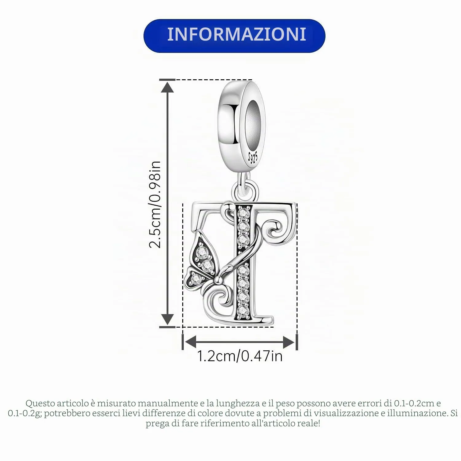 PANPOKI Ciondoli a forma di lettera in Argento Sterling S925 e Zirconia per Bracciali Europei e Collane - Lettera T - immagine 2