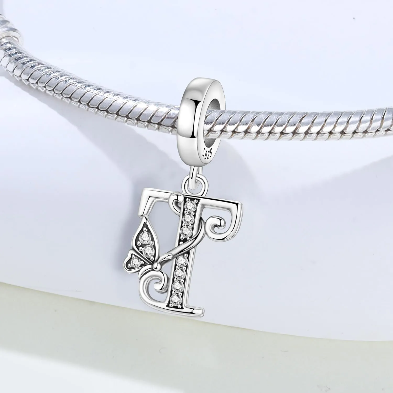 PANPOKI Ciondoli a forma di lettera in Argento Sterling S925 e Zirconia per Bracciali Europei e Collane - Lettera T - immagine 5
