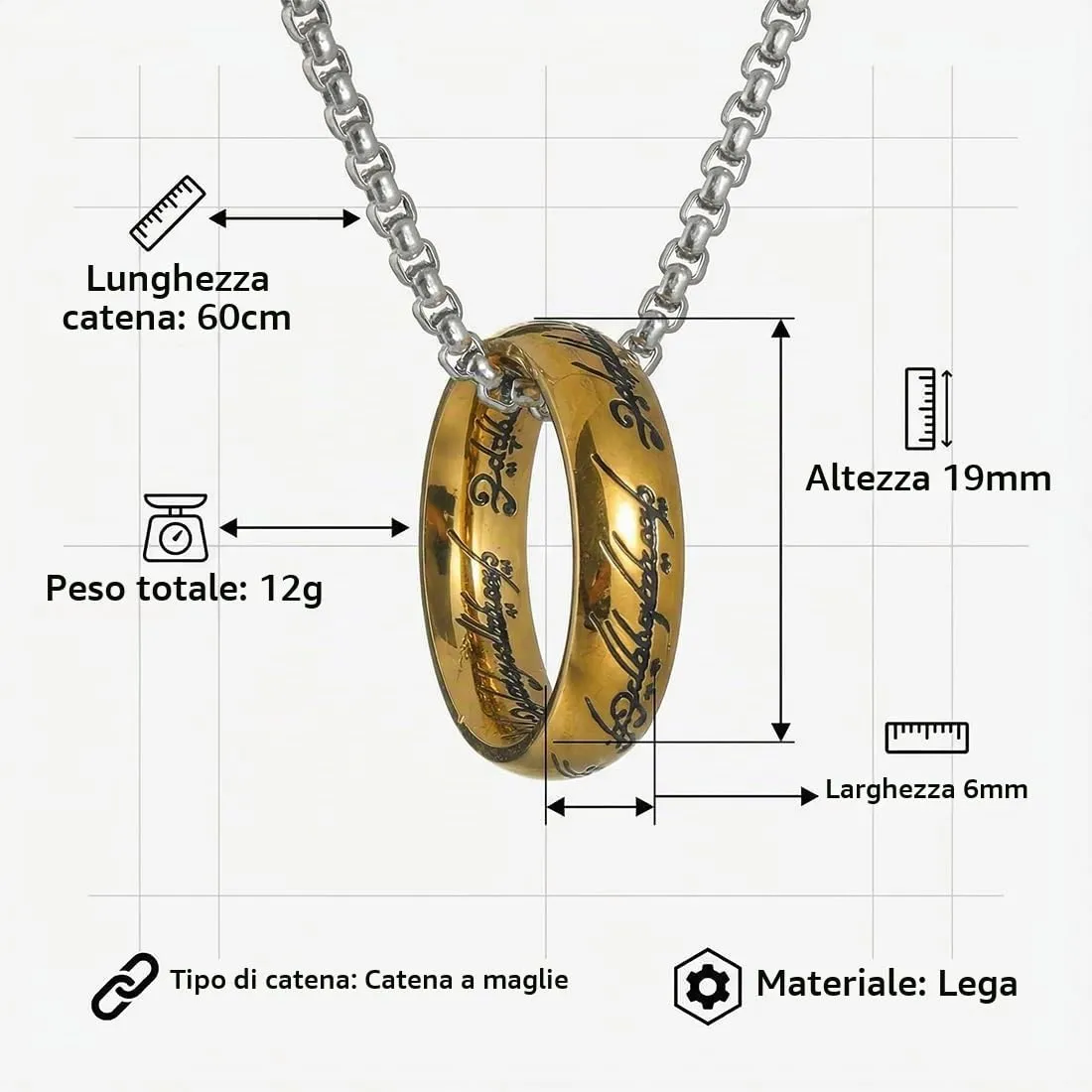 YAPKOLV L'Unico Anello Il Signore degli Anelli Collana con Pendente Elfico Celtico Gandalf, Oro, catena 60 cm - immagine 2