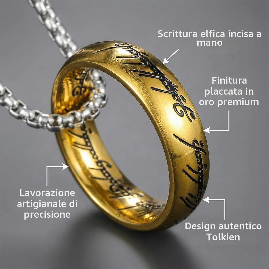 YAPKOLV L'Unico Anello Il Signore degli Anelli Collana con Pendente Elfico Celtico Gandalf, Oro, catena 60 cm - immagine 3