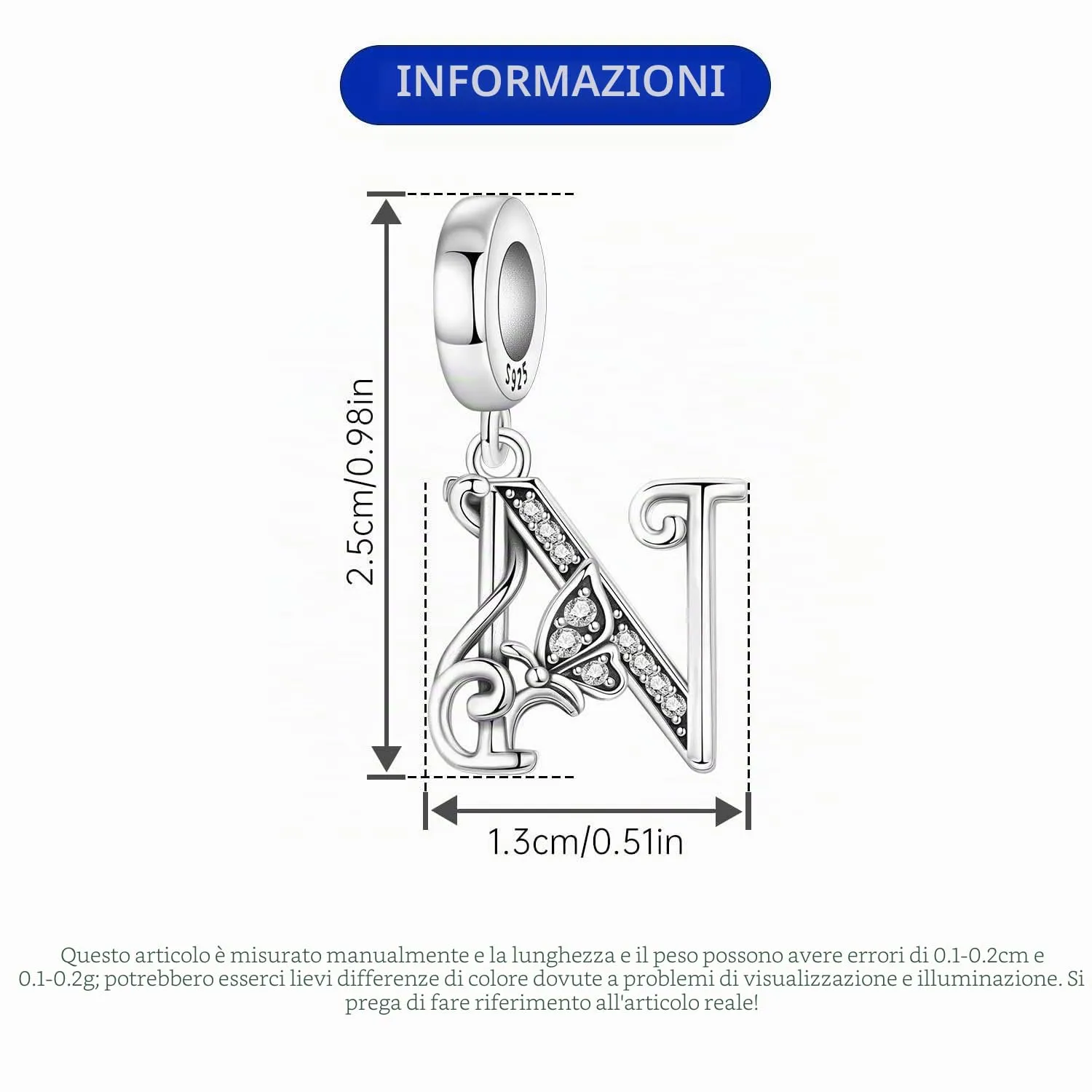 PANPOKI 2 Ciondoli a forma di lettera in Argento S925 e Zirconia per Bracciali Europei e Collane - immagine 2