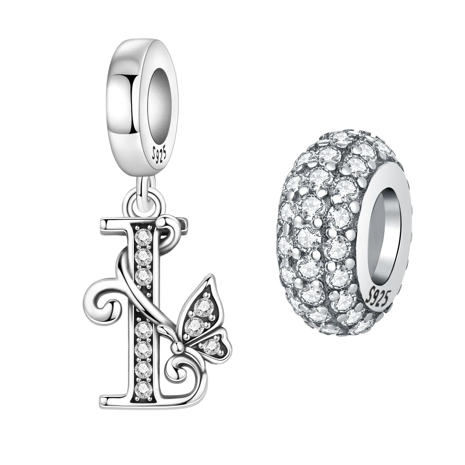 PANPOKI Set di 2 ciondoli a lettera a forma di farfalla in argento Sterling 925 con perline distanziatrici in pavé - immagine 1