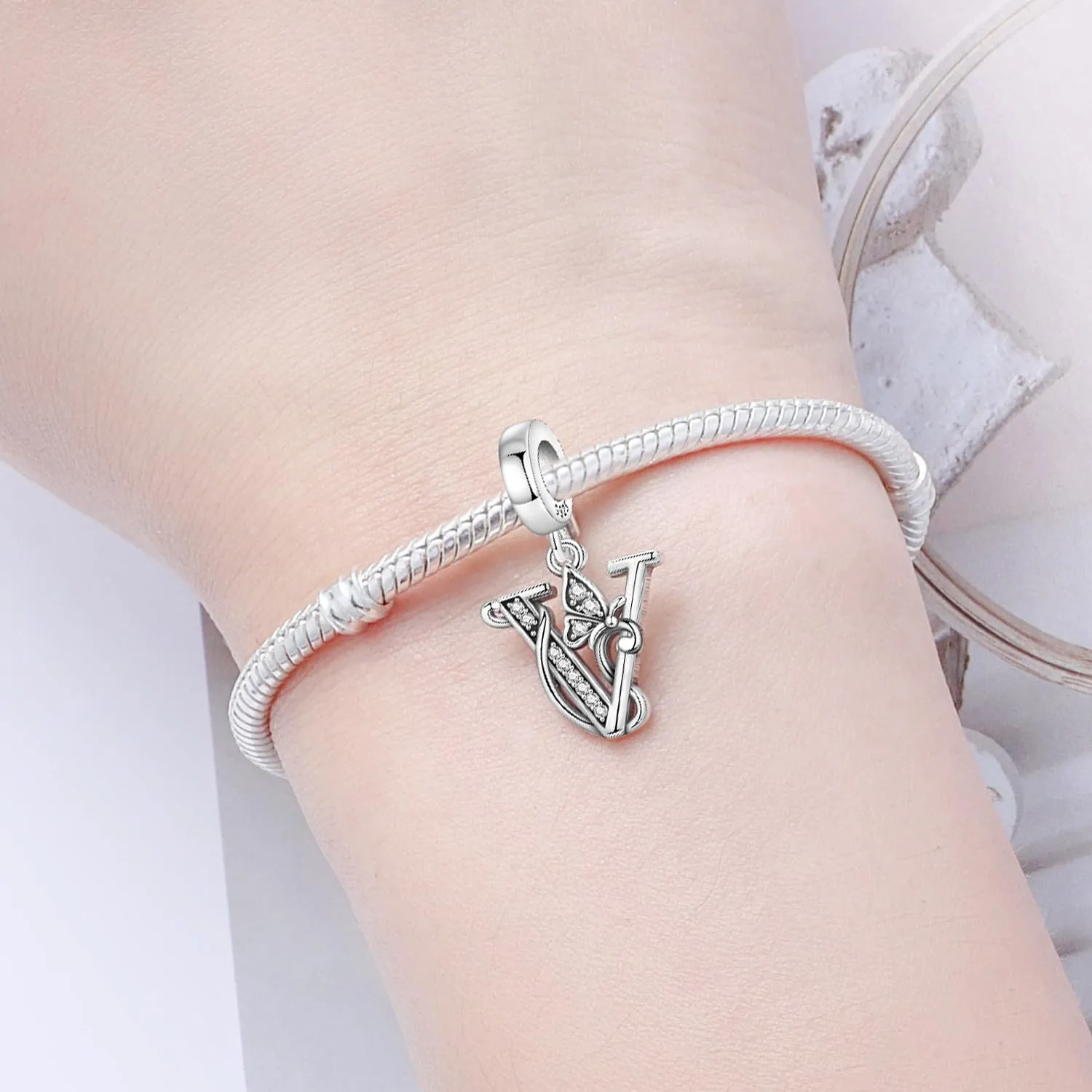 PANPOKI Ciondoli a forma di lettera in argento S925 con zirconi per bracciali e collane europei - immagine 4