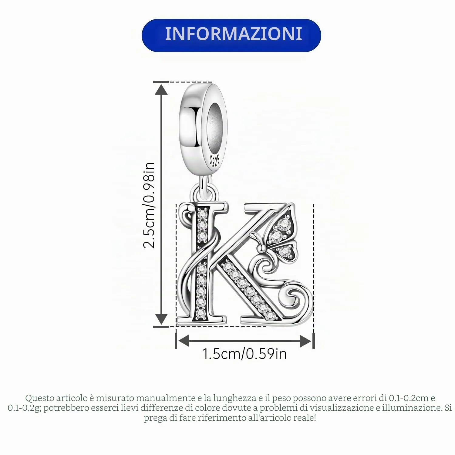 PANPOKI Ciondoli a Forma di Lettera in Argento Sterling S925 e Zirconia per Bracciali Europei e Collane, K Abito - immagine 2