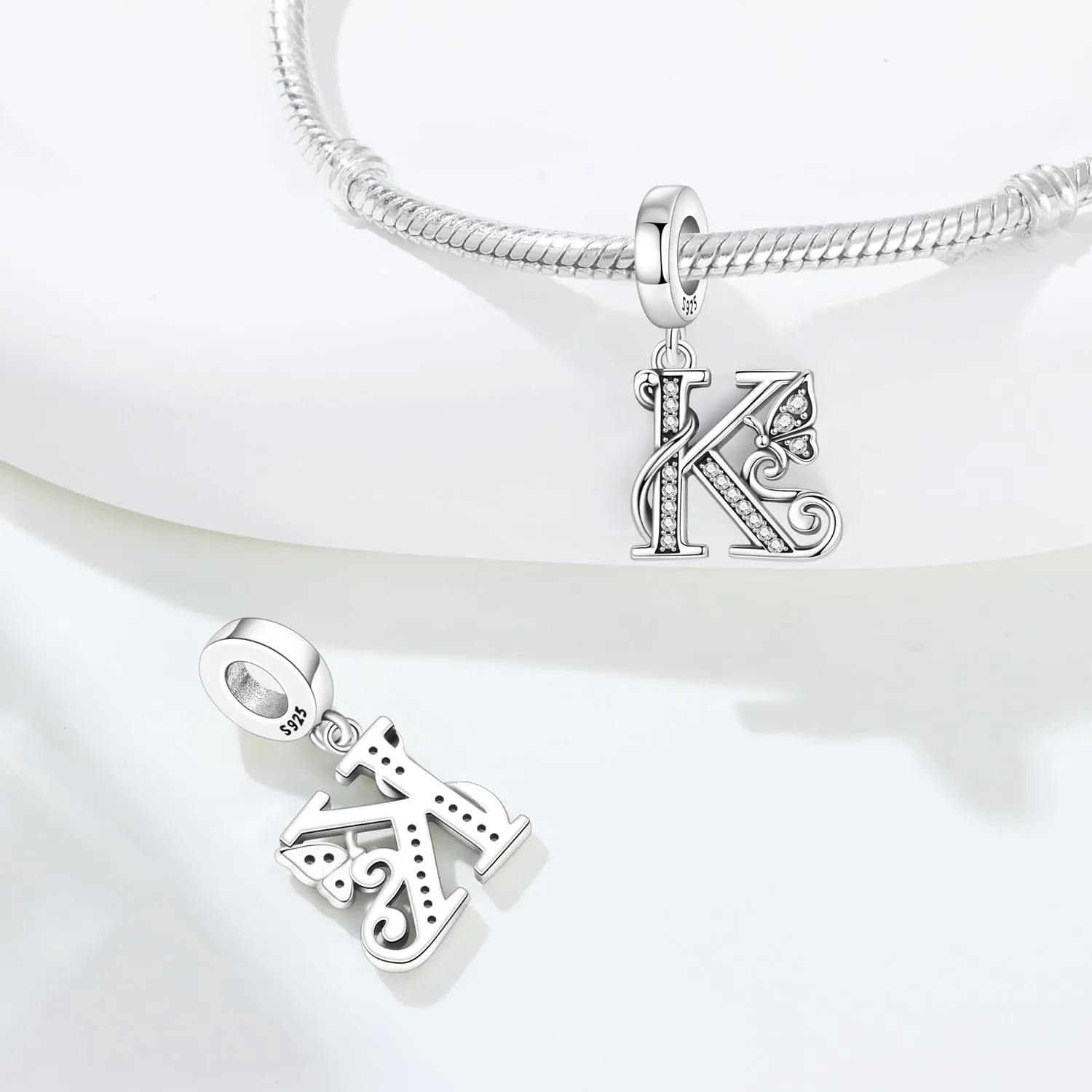 PANPOKI Ciondoli a Forma di Lettera in Argento Sterling S925 e Zirconia per Bracciali Europei e Collane, K Abito - immagine 6
