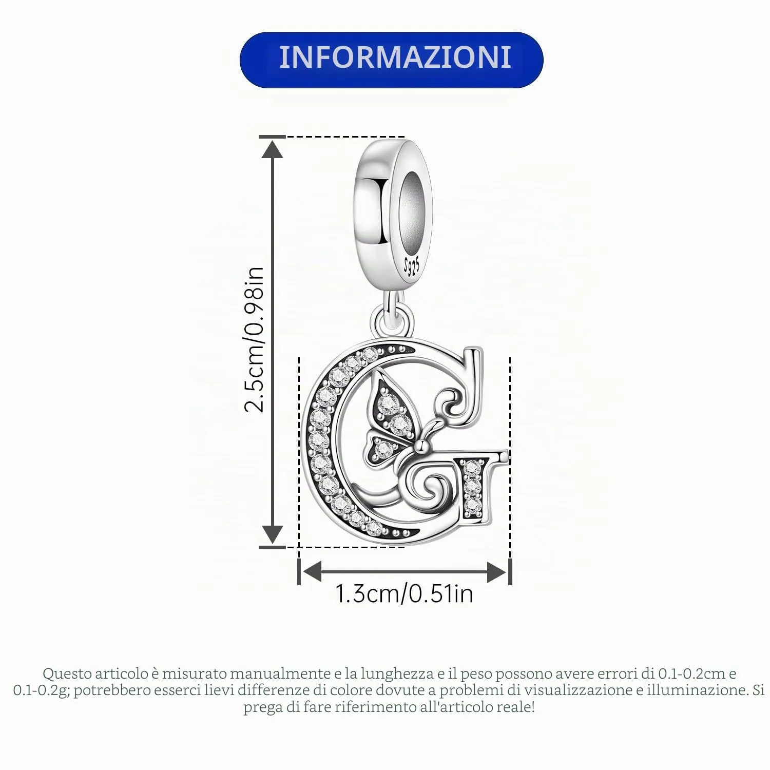 PANPOKI Ciondoli a forma di lettera in argento sterling S925 con zirconi per bracciali e collane europei, G Abito - immagine 2