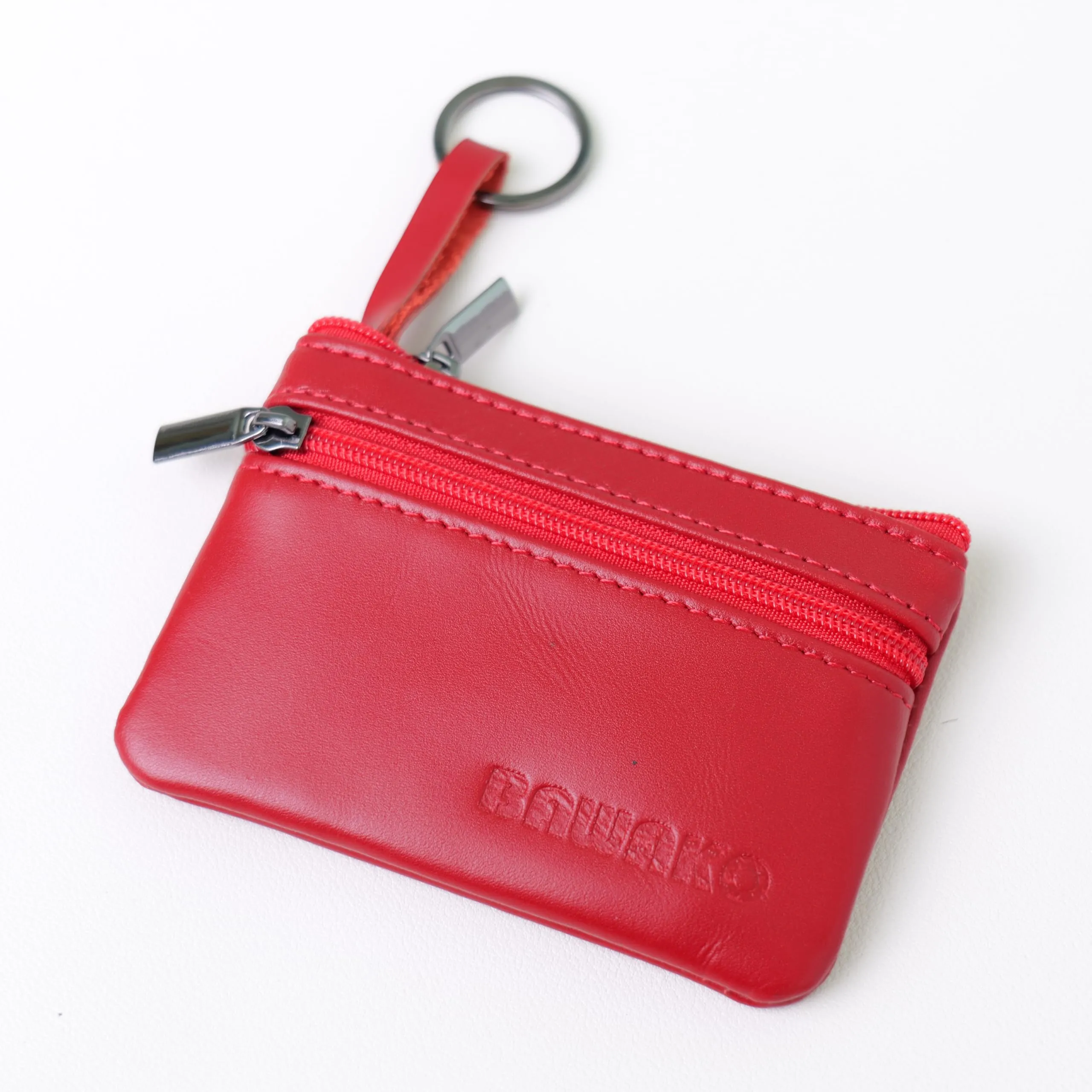 Bawako Portamonete in Vera Pelle con 2 Scomparti, Cerniera e Portachiavi, Rosso, 10 x 7 cm - immagine 2