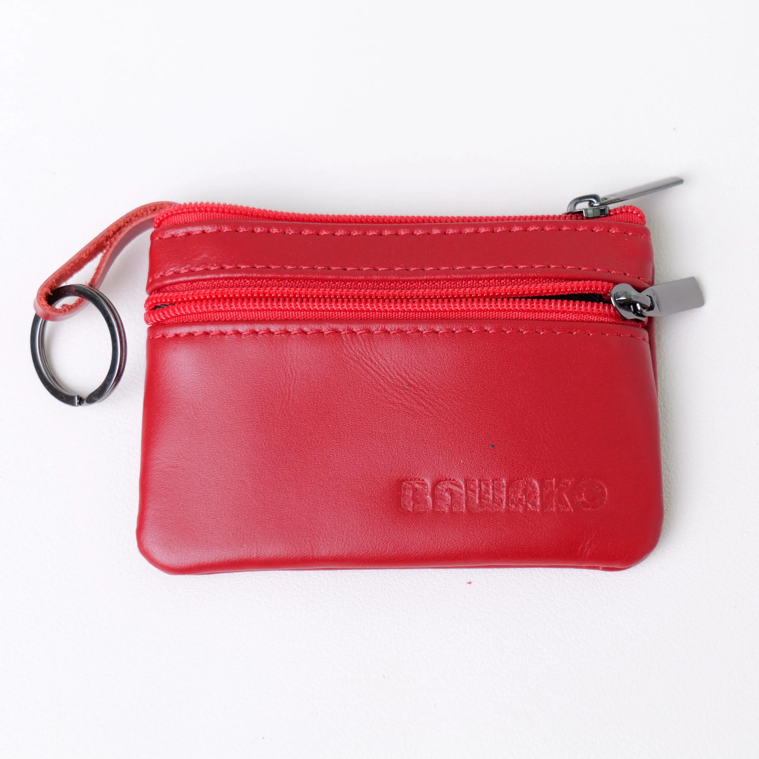 Bawako Portamonete in Vera Pelle con 2 Scomparti, Cerniera e Portachiavi, Rosso, 10 x 7 cm - immagine 5