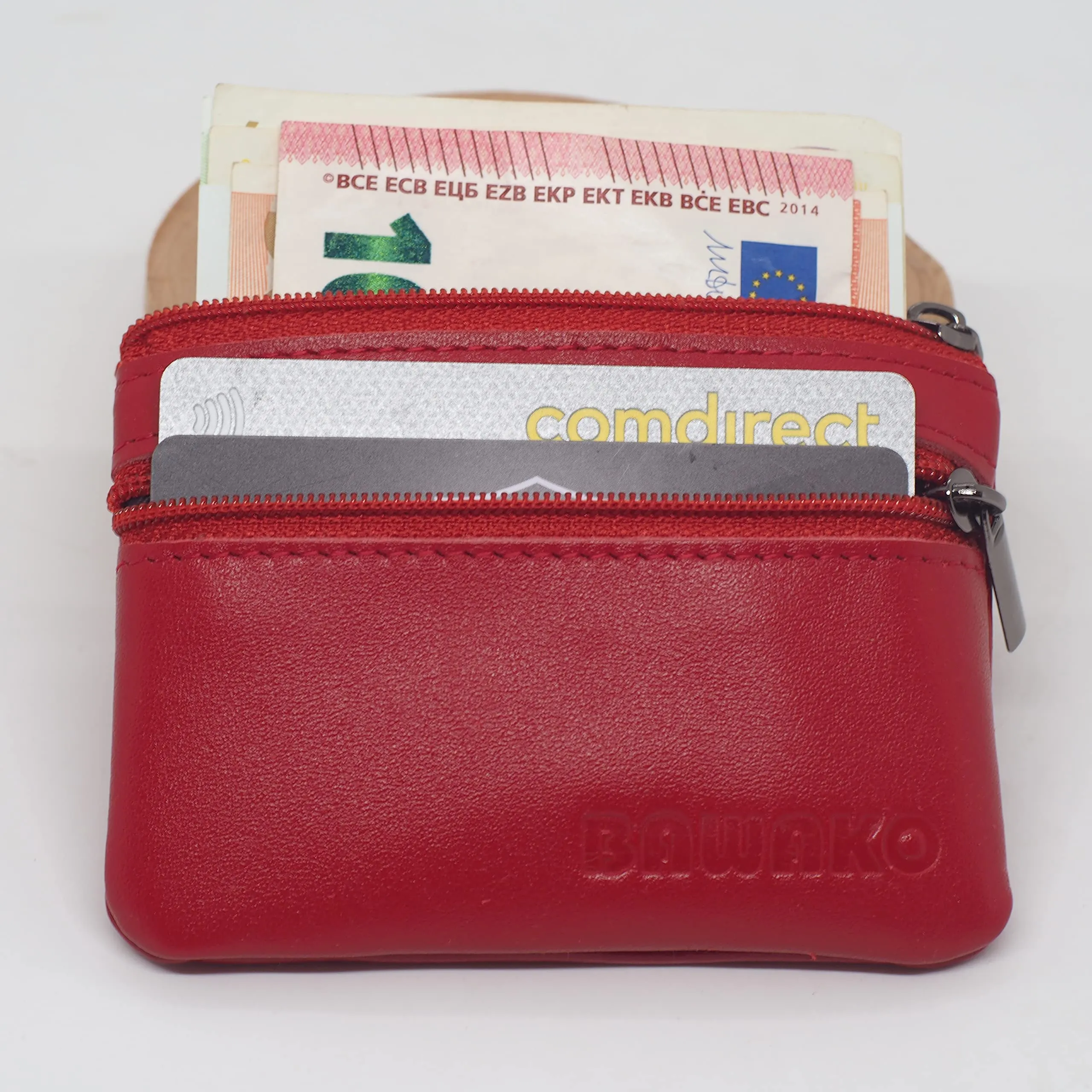 Bawako Portamonete in Vera Pelle con 2 Scomparti, Cerniera e Portachiavi, Rosso, 10 x 7 cm - immagine 6