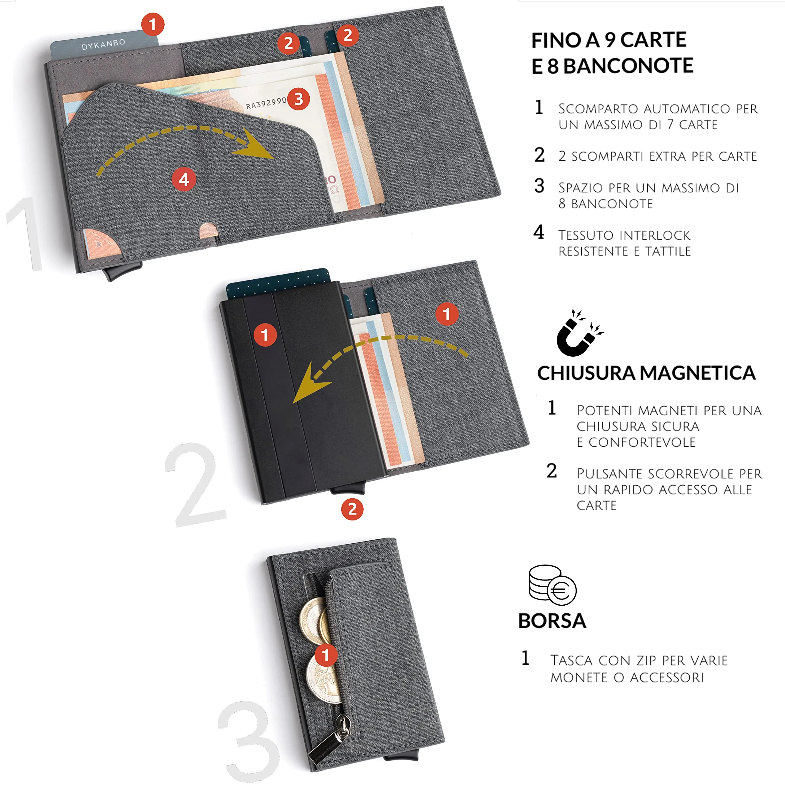 DYKANBO Portafoglio Uomo Slim con Sistema Pop-Up, Protezione RFID, Portamonete e Chiusura Magnetica - Grigio Chiaro - immagine 2