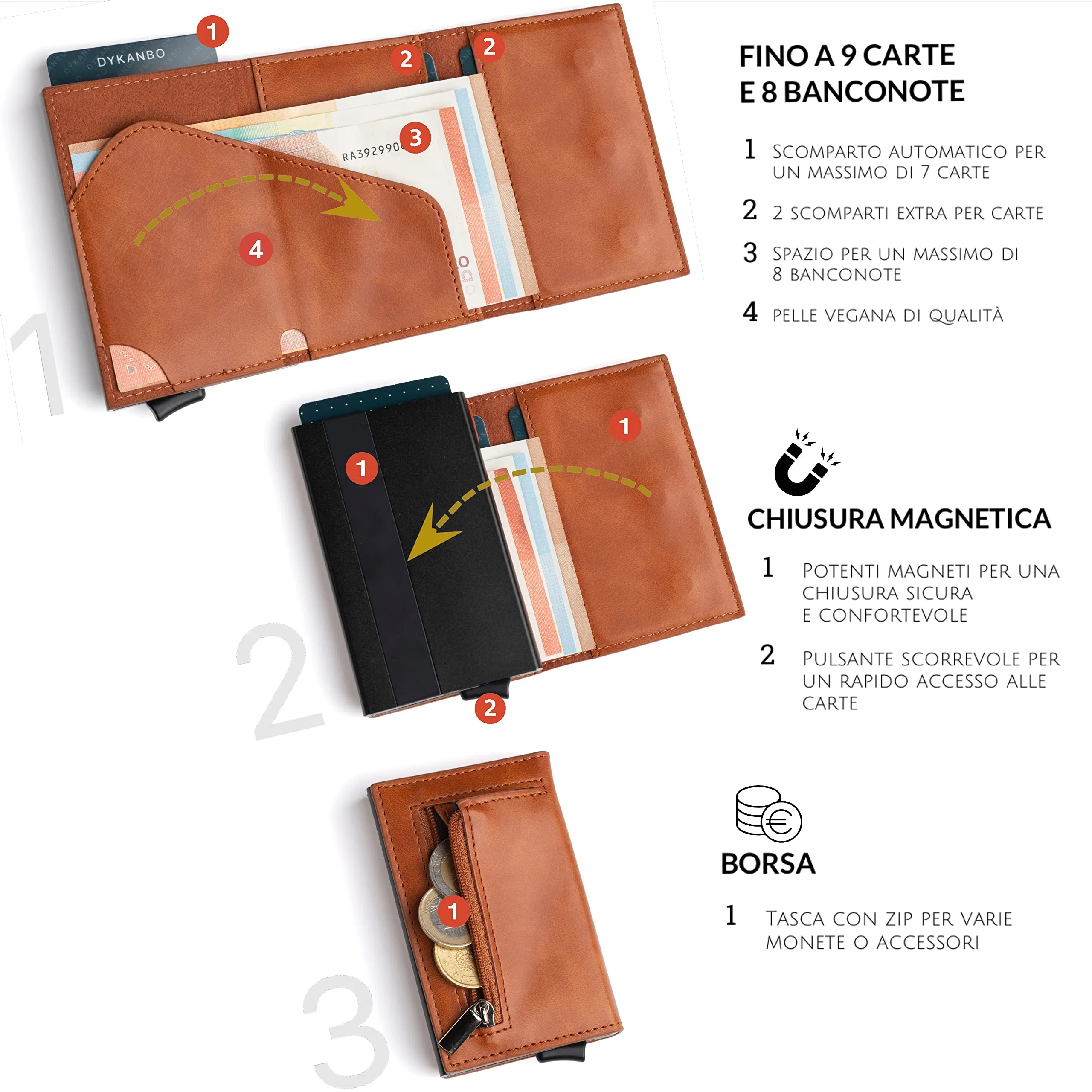 DYKANBO Portafoglio Uomo Slim con Sistema Pop-Up e Protezione RFID, Portacarte con Portamonete e Chiusura Magnetica, Marrone - immagine 2
