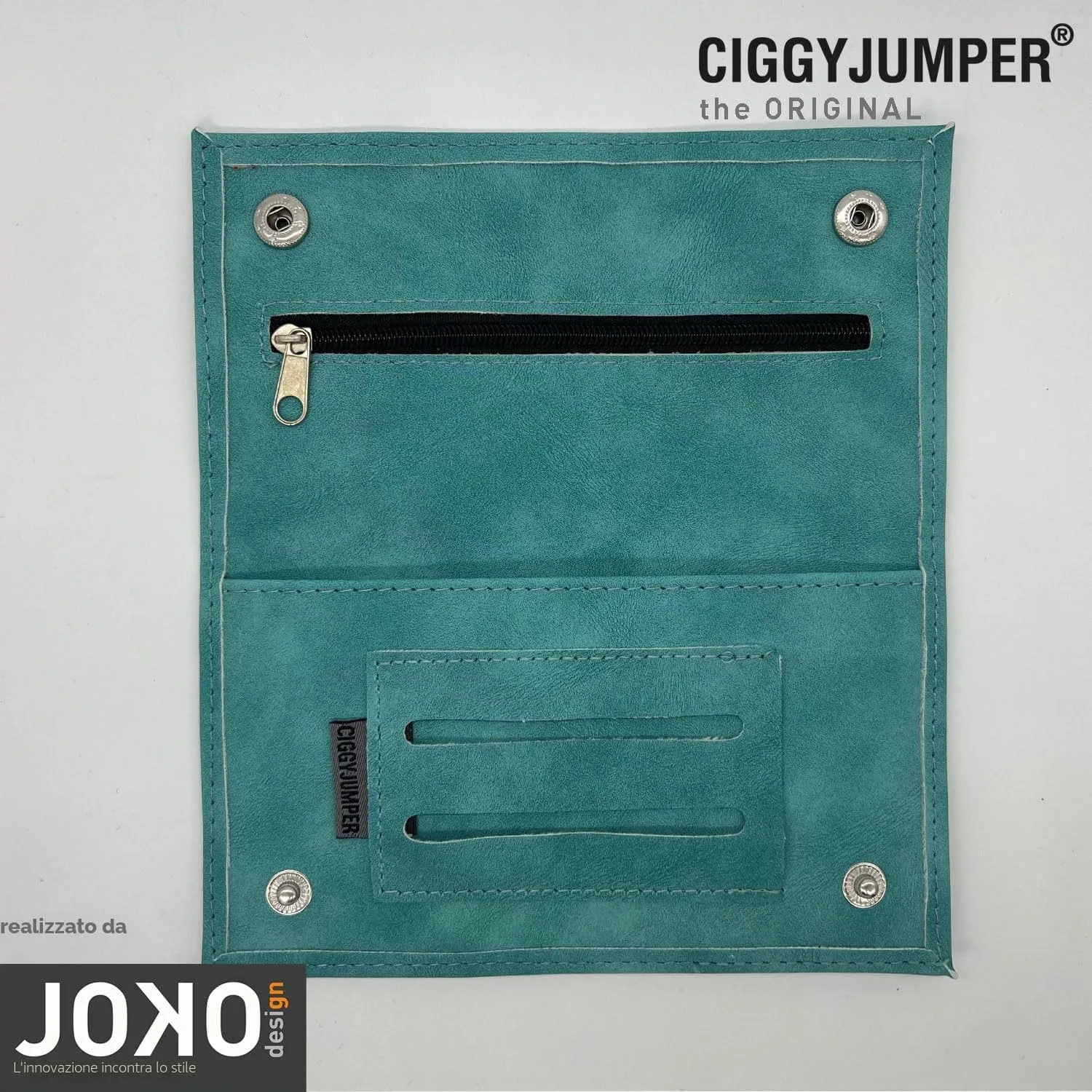 Ciggy Jumper Borsa per tabacco girevole in finta pelle con scomparti per filtri, cartine e accendino, Turchese Double - immagine 3
