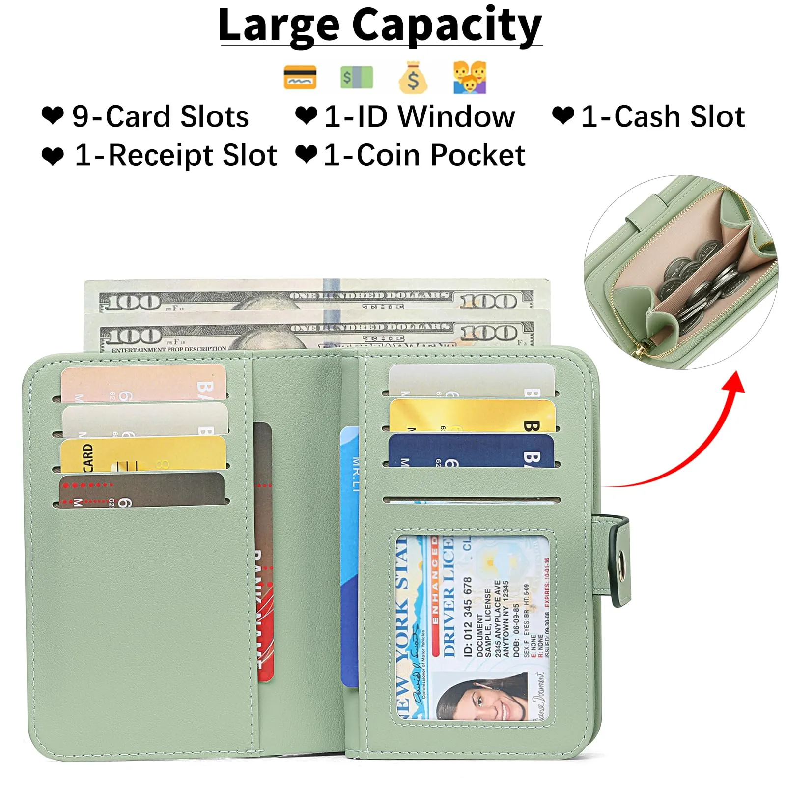 GAEKEAO Portafoglio Donna Piccolo con Bloccaggio RFID, Portamonete con Cerniera e Chiusura a Scatto, Scomparti per Carte Multipli - immagine 2