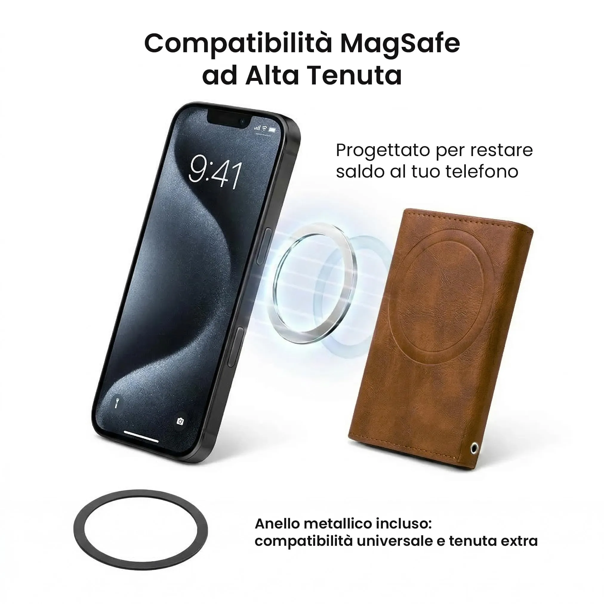TECHMADE Portafoglio MagSafe con Adattatore Magnetico, Tripla Tasca per 6 Carte e Banconote, Blocco RFID, Brown Scuro - immagine 3