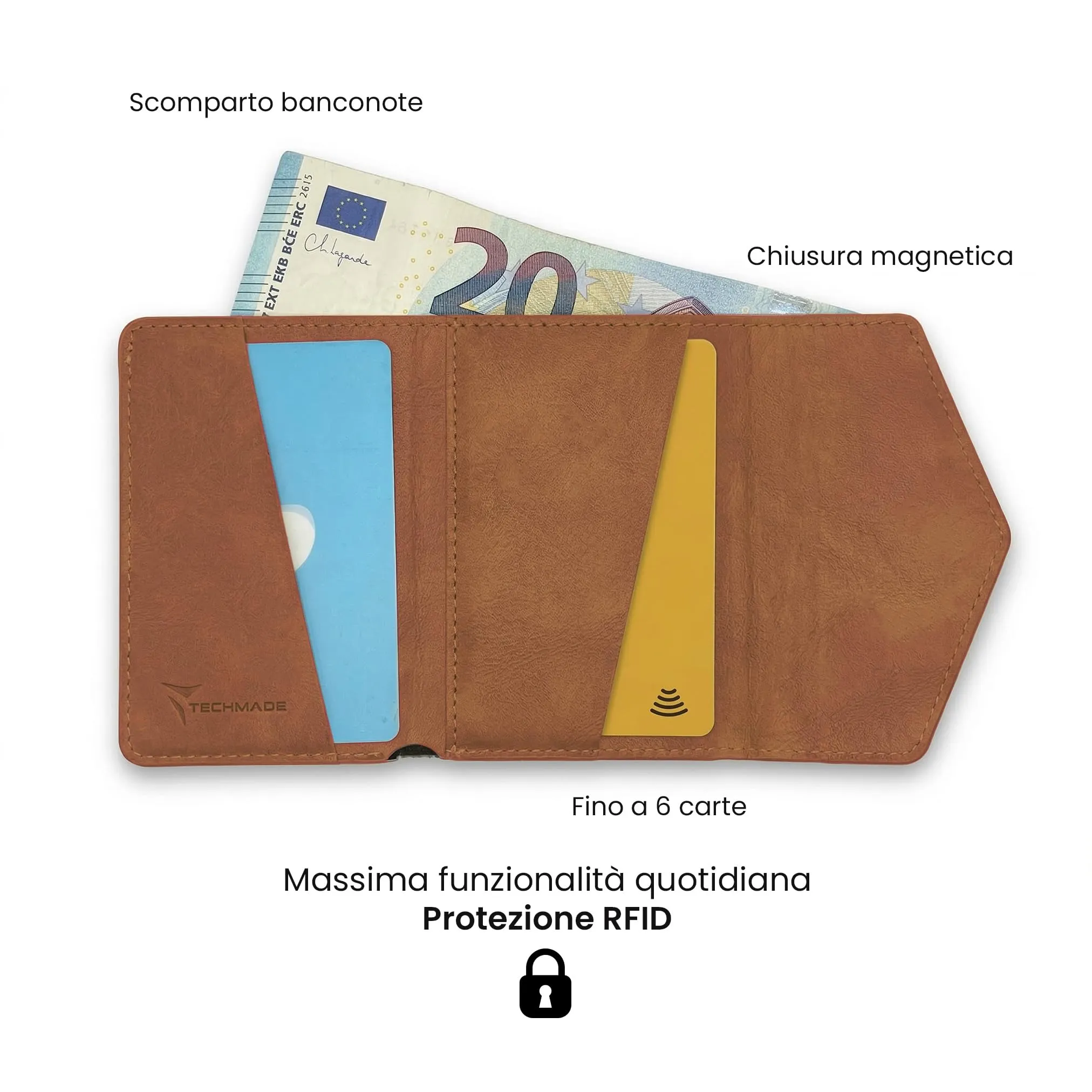TECHMADE Portafoglio MagSafe con Adattatore Magnetico, Tripla Tasca per 6 Carte e Banconote, Blocco RFID, Brown Scuro - immagine 4