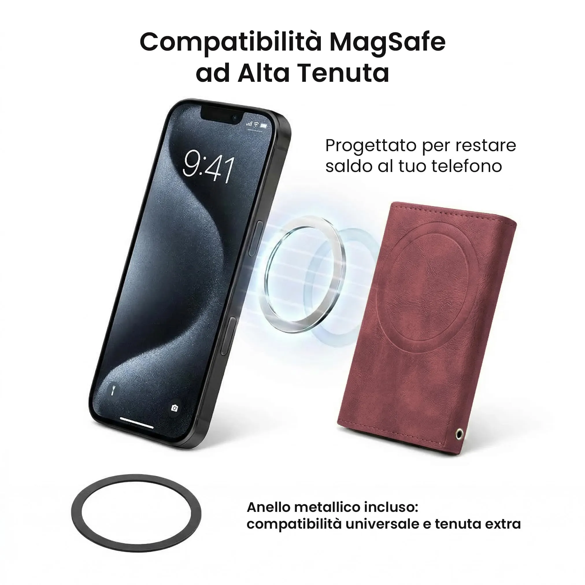 TECHMADE Portafoglio MagSafe con Adattatore Magnetico, Tripla Tasca per 6 Carte e Banconote, Blocco RFID, Rosso - immagine 3