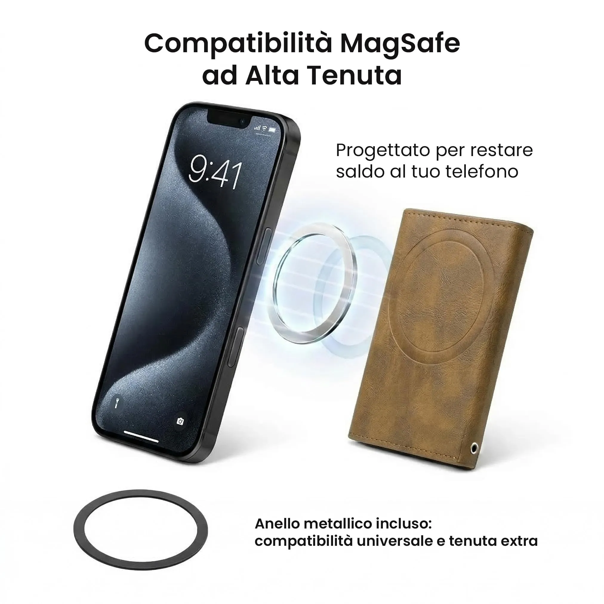 TECHMADE Portafoglio MagSafe con Adattatore Magnetico, Tripla Tasca per 6 Carte e Banconote, Blocco RFID, Brown Chiaro - immagine 3