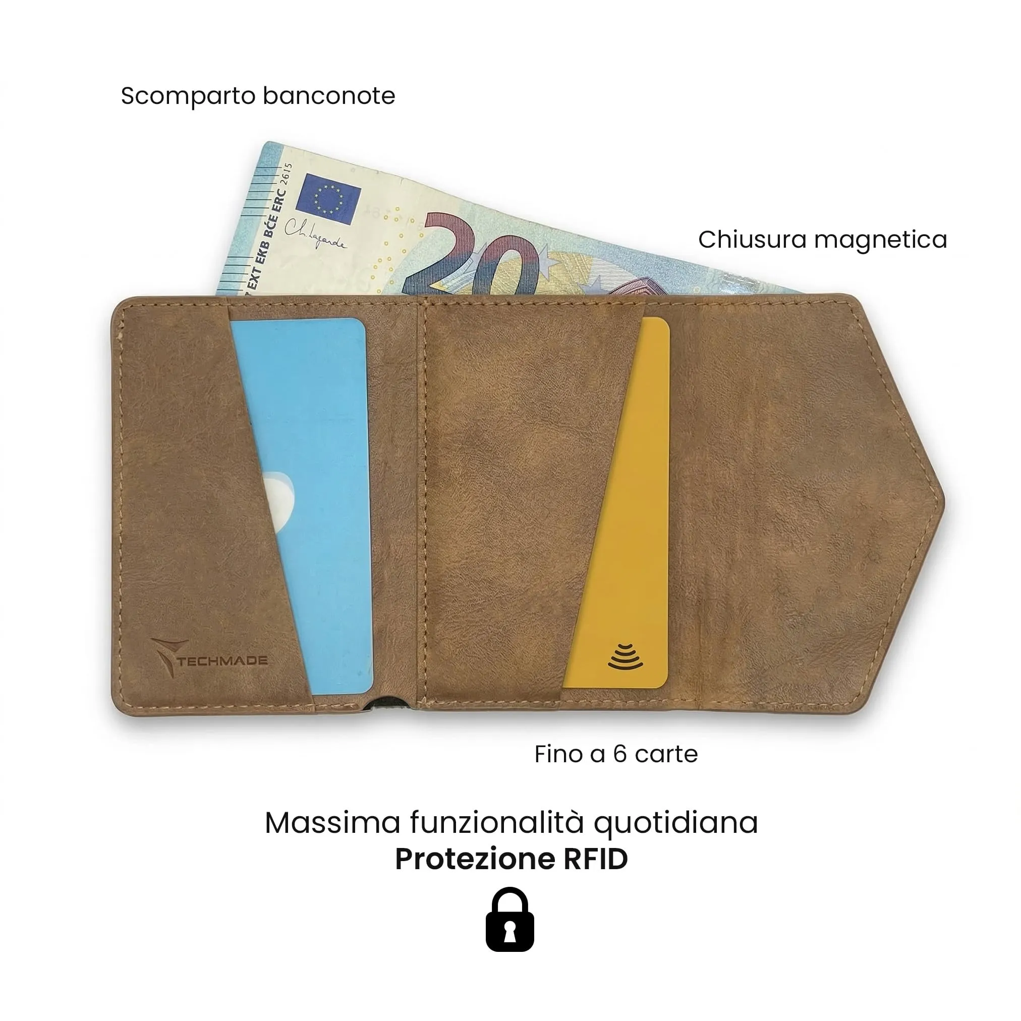 TECHMADE Portafoglio MagSafe con Adattatore Magnetico, Tripla Tasca per 6 Carte e Banconote, Blocco RFID, Brown Chiaro - immagine 4