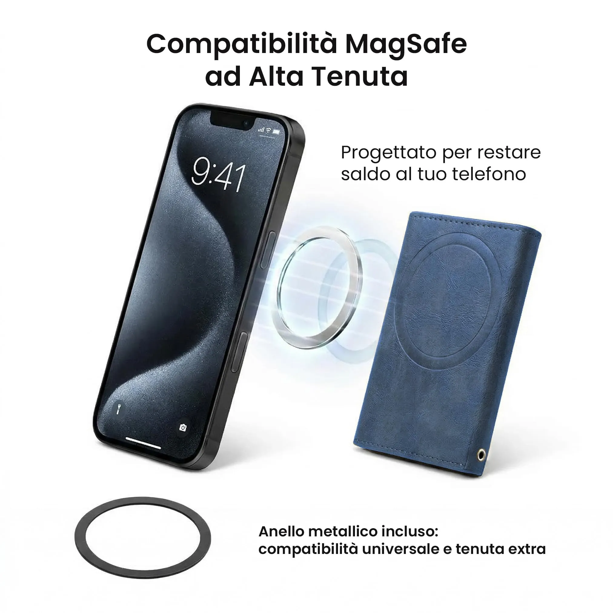TECHMADE Portafoglio MagSafe con Adattatore Magnetico, Tripla Tasca per 6 Carte e Banconote, Blocco RFID, Blu - immagine 3