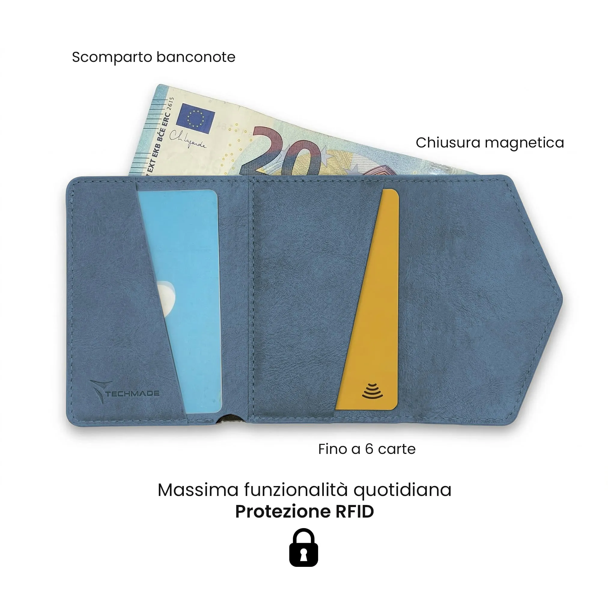 TECHMADE Portafoglio MagSafe con Adattatore Magnetico, Tripla Tasca per 6 Carte e Banconote, Blocco RFID, Blu - immagine 4