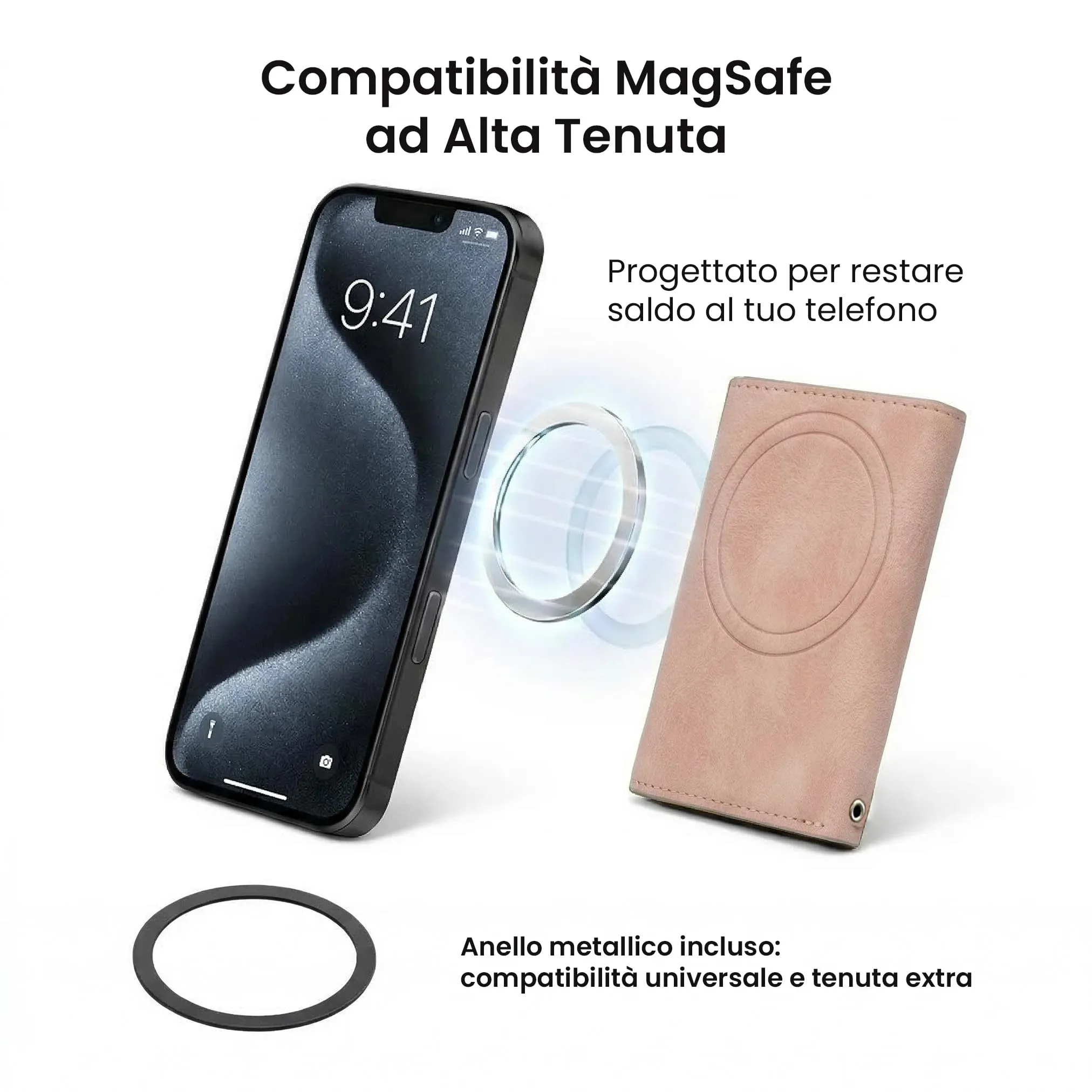 TECHMADE Portafoglio MagSafe con Adattatore Magnetico, Tripla Tasca per 6 Carte e Banconote, Blocco RFID, Rosa - immagine 3