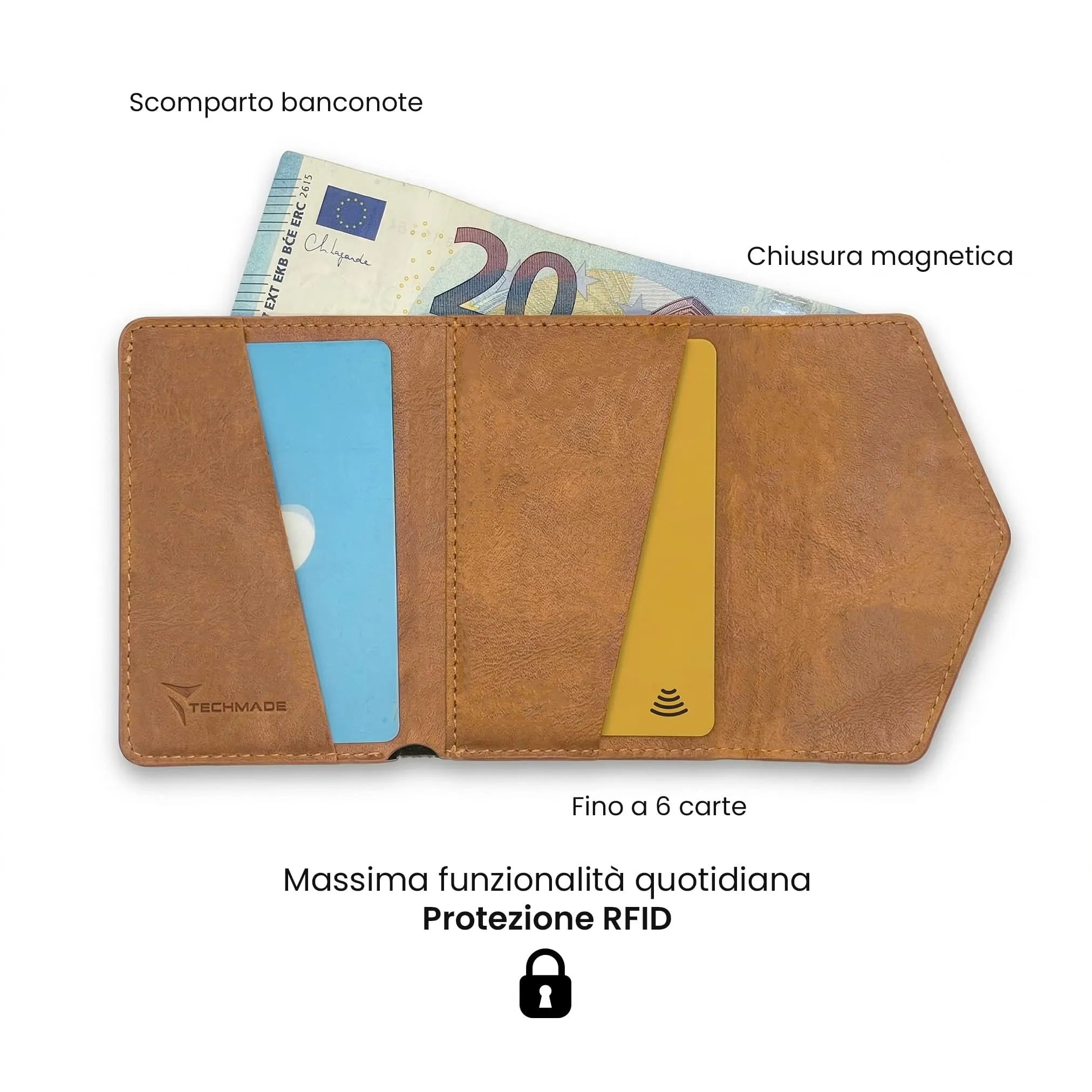 TECHMADE Portafoglio MagSafe con Adattatore Magnetico, Tripla Tasca per 6 Carte e Banconote, Blocco RFID, Design Slim (Brown) - immagine 4