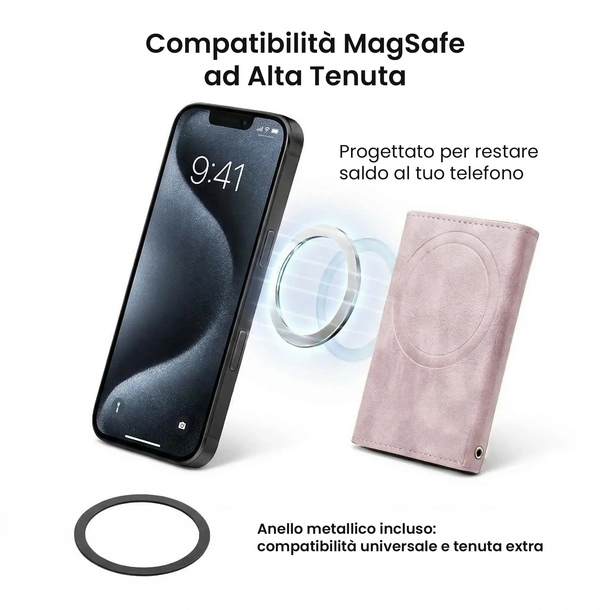 TECHMADE Portafoglio MagSafe con Adattatore Magnetico, Tripla Tasca per 6 Carte e Banconote, Blocco RFID, Rosa Chiaro - immagine 3