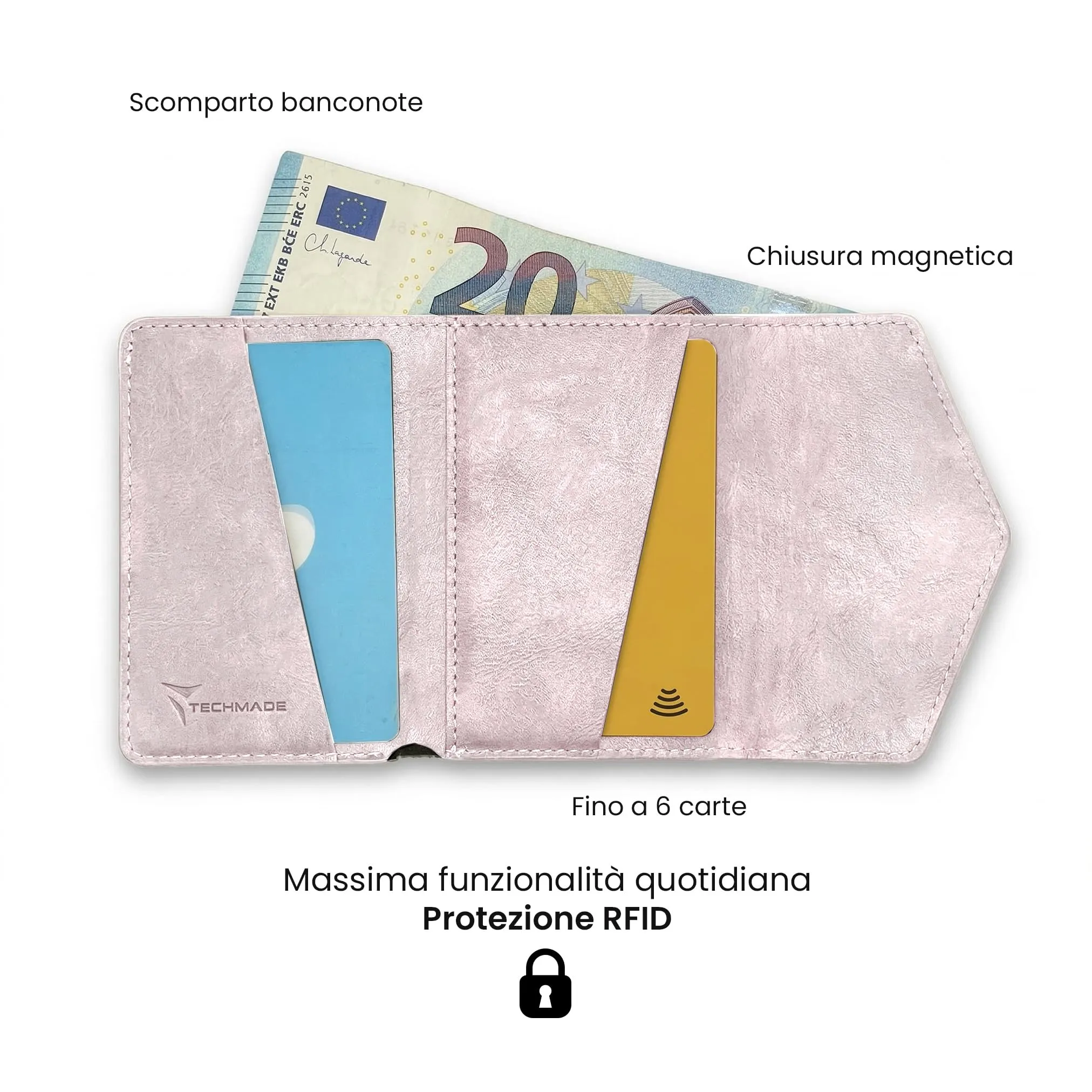 TECHMADE Portafoglio MagSafe con Adattatore Magnetico, Tripla Tasca per 6 Carte e Banconote, Blocco RFID, Rosa Chiaro - immagine 4