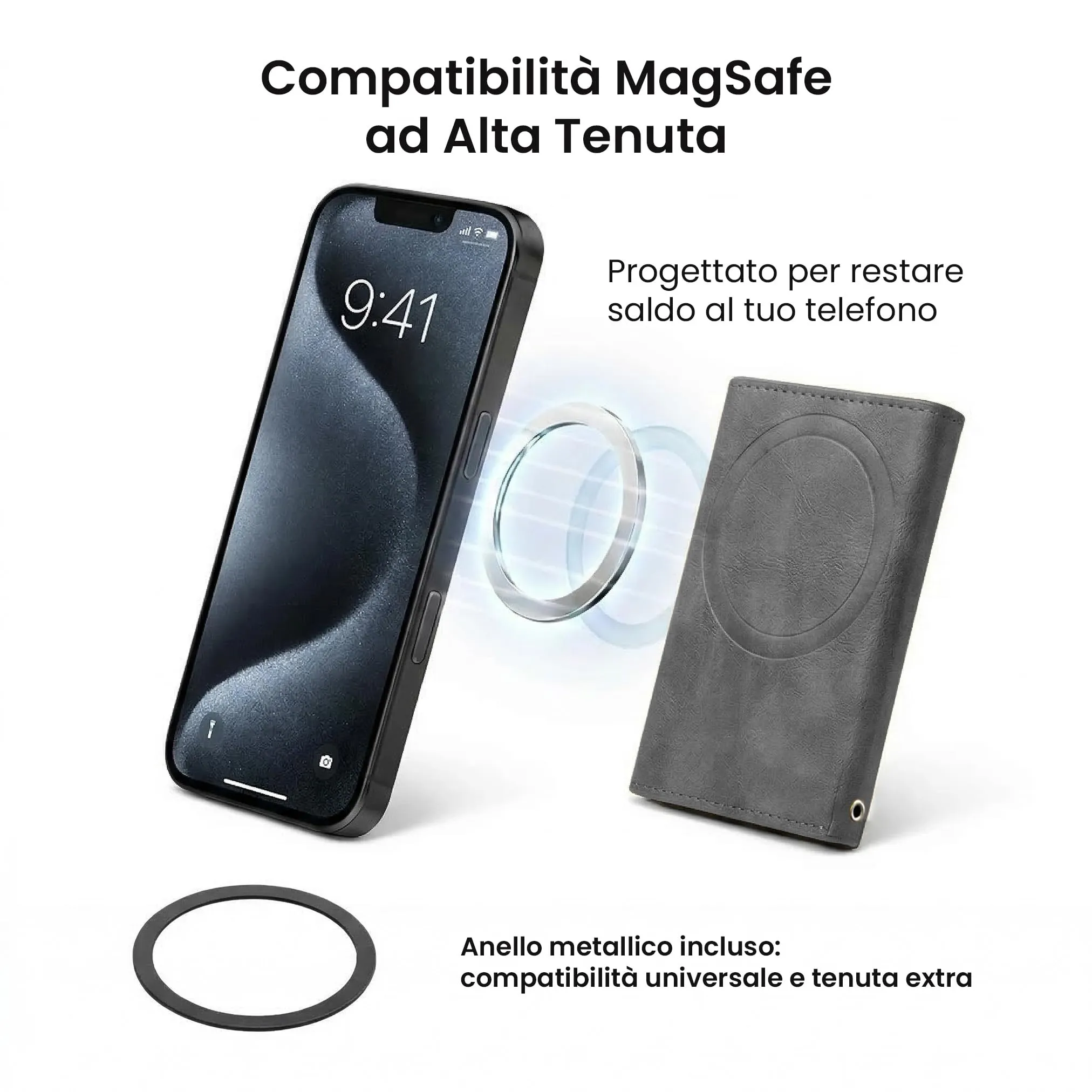 TECHMADE Portafoglio MagSafe con Adattatore Magnetico, Tripla Tasca per 6 Carte e Banconote, Blocco RFID, Grigio - immagine 3