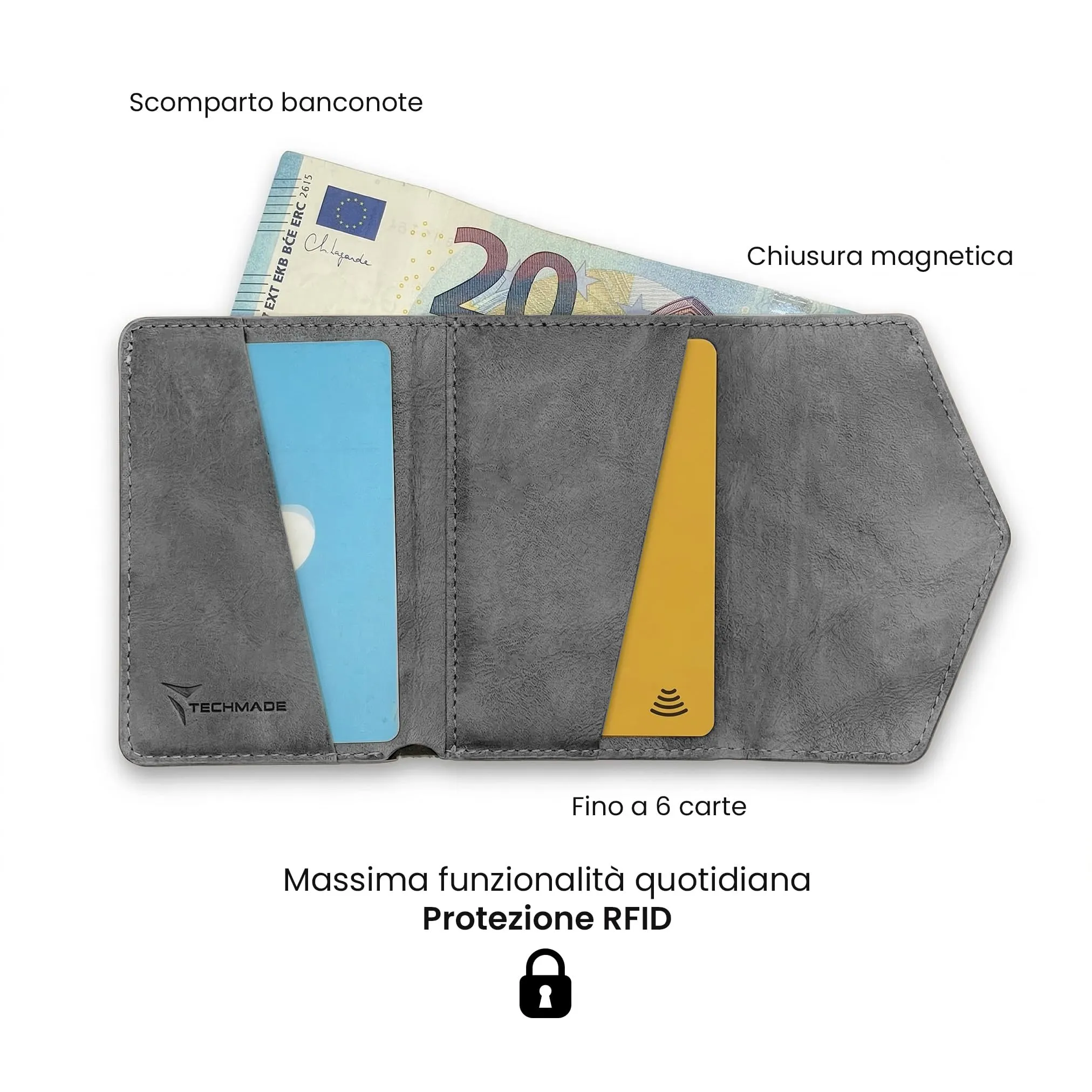 TECHMADE Portafoglio MagSafe con Adattatore Magnetico, Tripla Tasca per 6 Carte e Banconote, Blocco RFID, Grigio - immagine 4