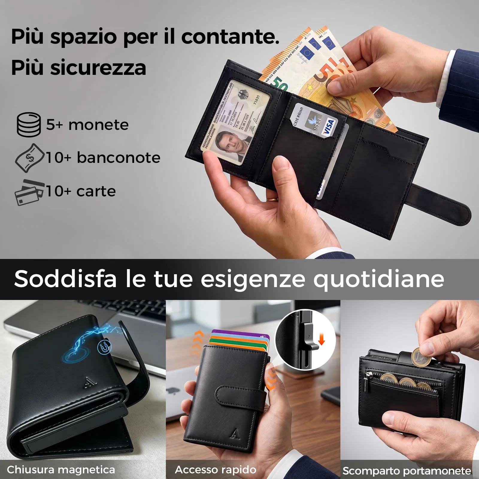 Autreykorn Portafoglio Uomo RFID Slim Porta Carte, Nero - immagine 3
