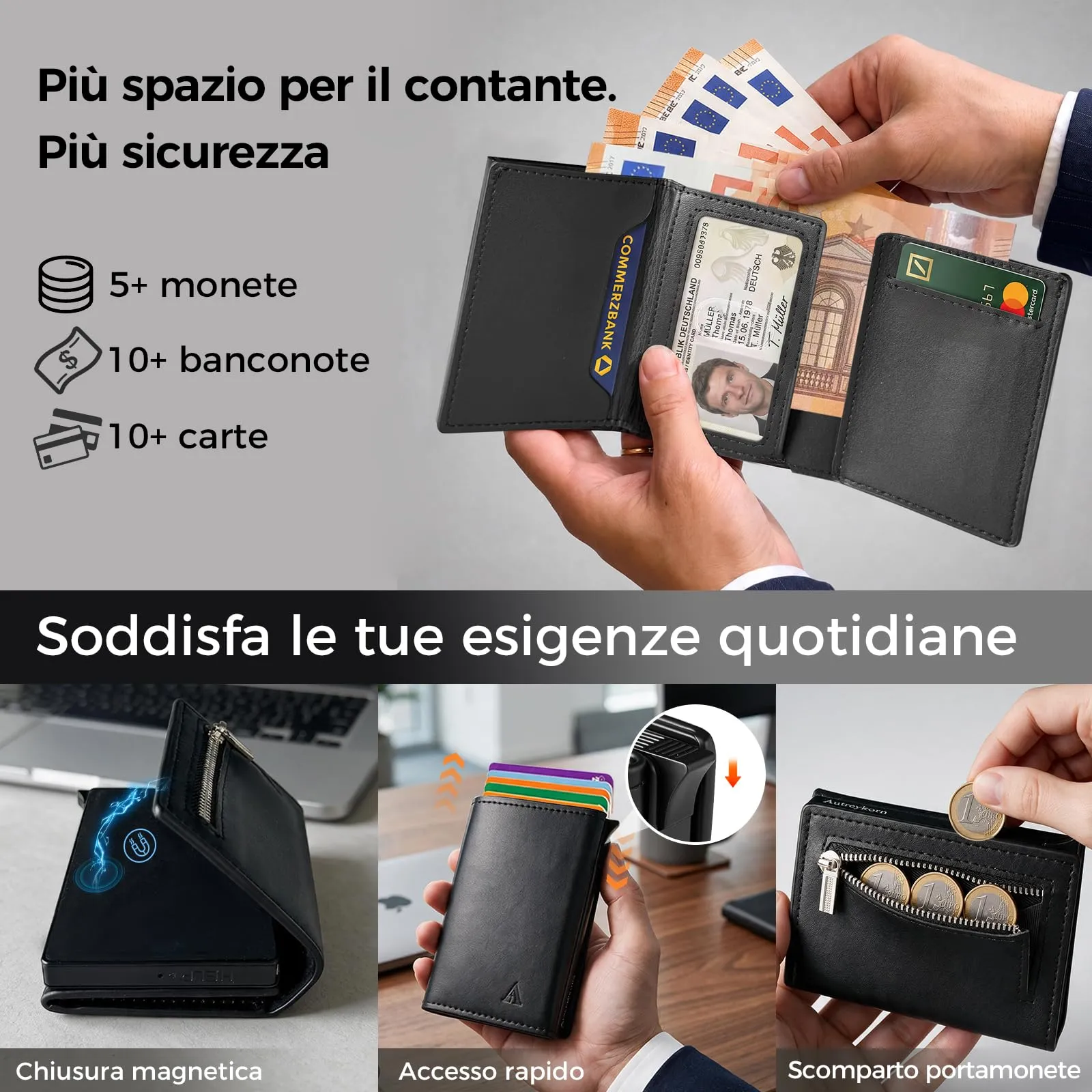 Autreykorn Portafoglio Uomo Slim RFID Nero 10 Carte - immagine 3