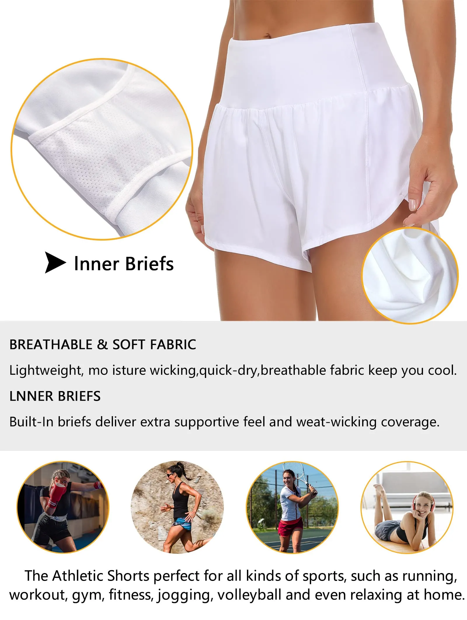 Origiwish Pantaloncini da corsa da donna a vita alta con fodera e tasche con cerniera, bianco, S - immagine 6