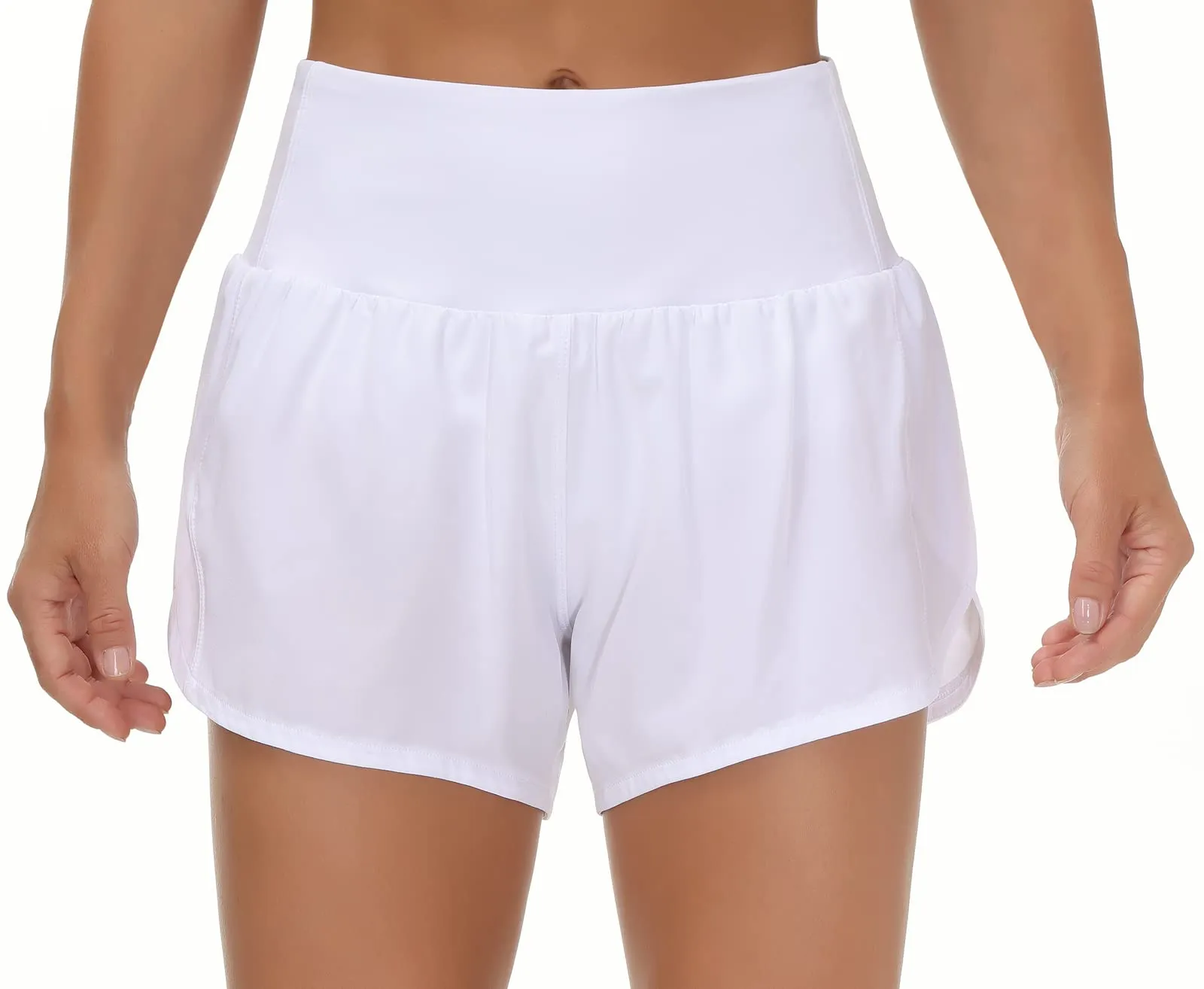 Origiwish Pantaloncini da corsa da donna a vita alta con fodera e tasche con cerniera, Bianco, XS - immagine 1