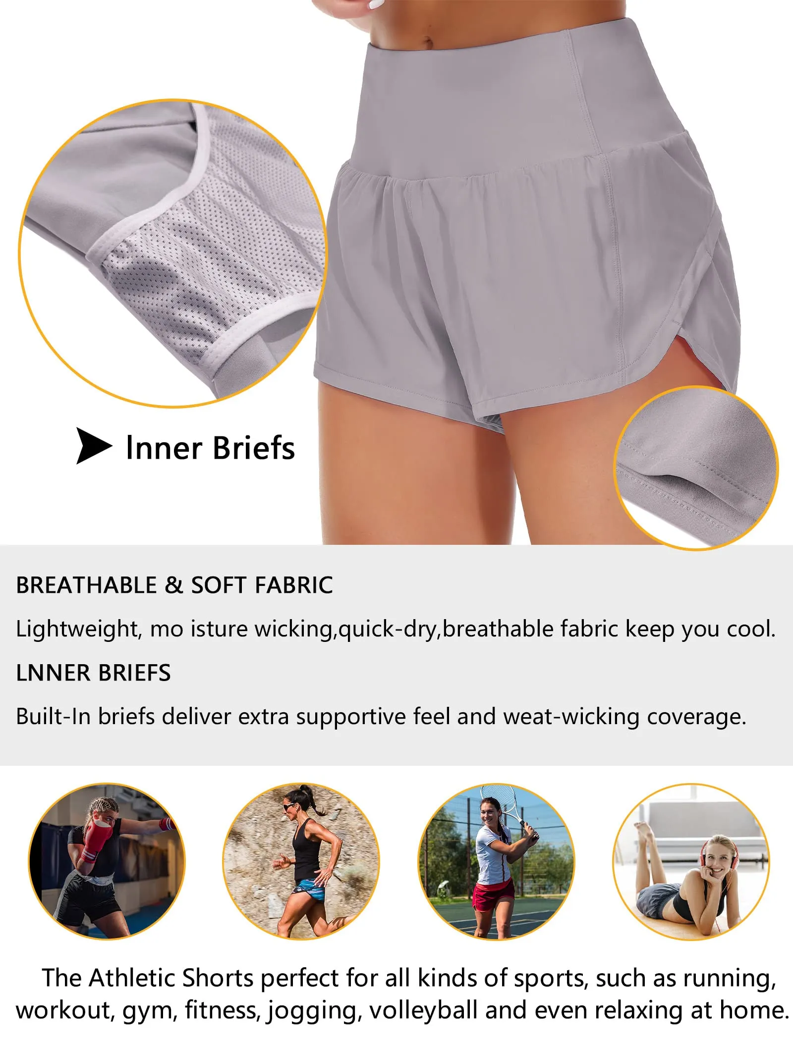 Origiwish Pantaloncini da Corsa da Donna a Vita Alta con Fodera e Tasche con Cerniera, Grigio Lavanda, M - immagine 6