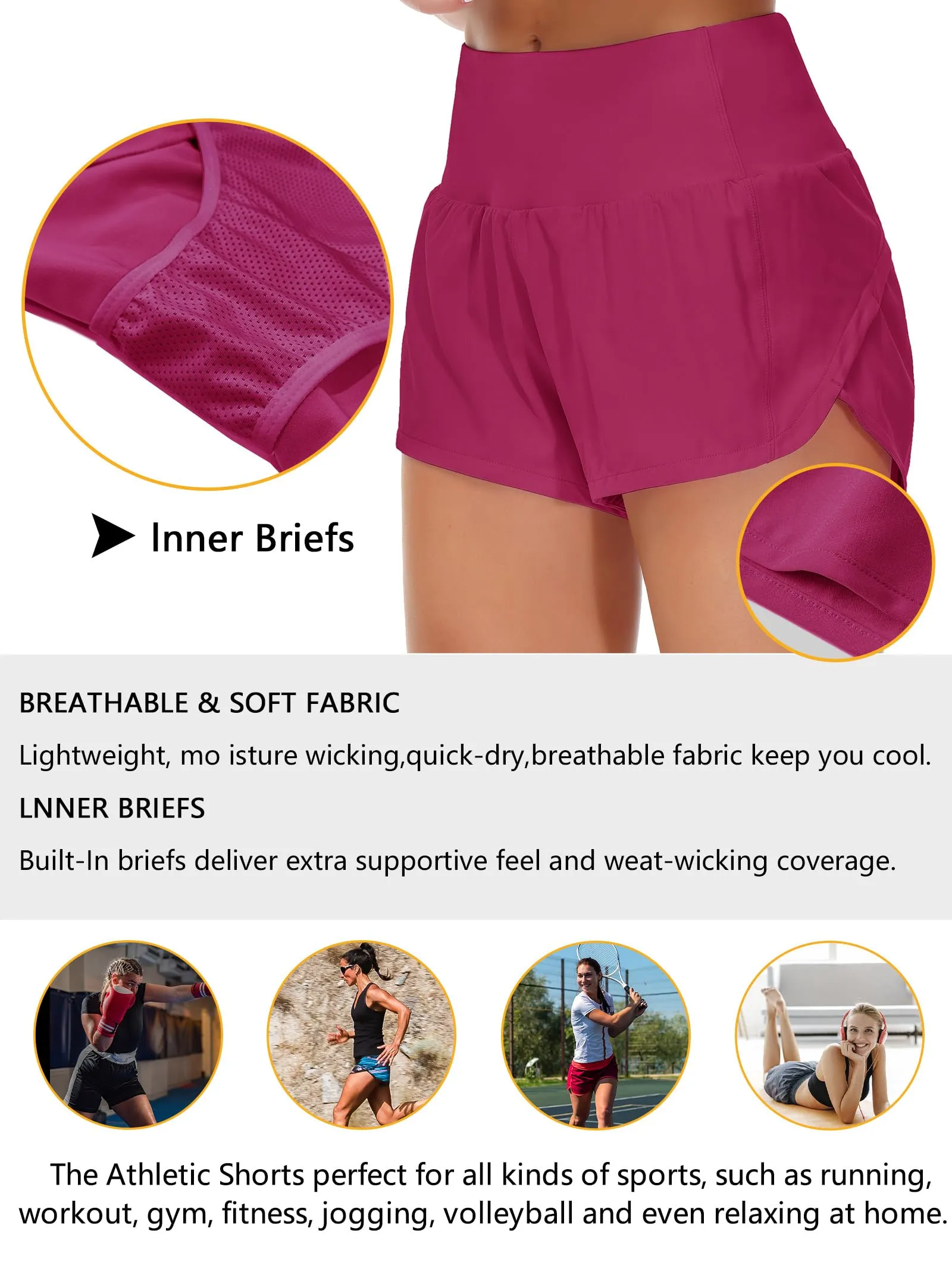 Origiwish Pantaloncini da Corsa da Donna a Vita Alta con Fodera e Tasche con Cerniera, Fucsia, S - immagine 6