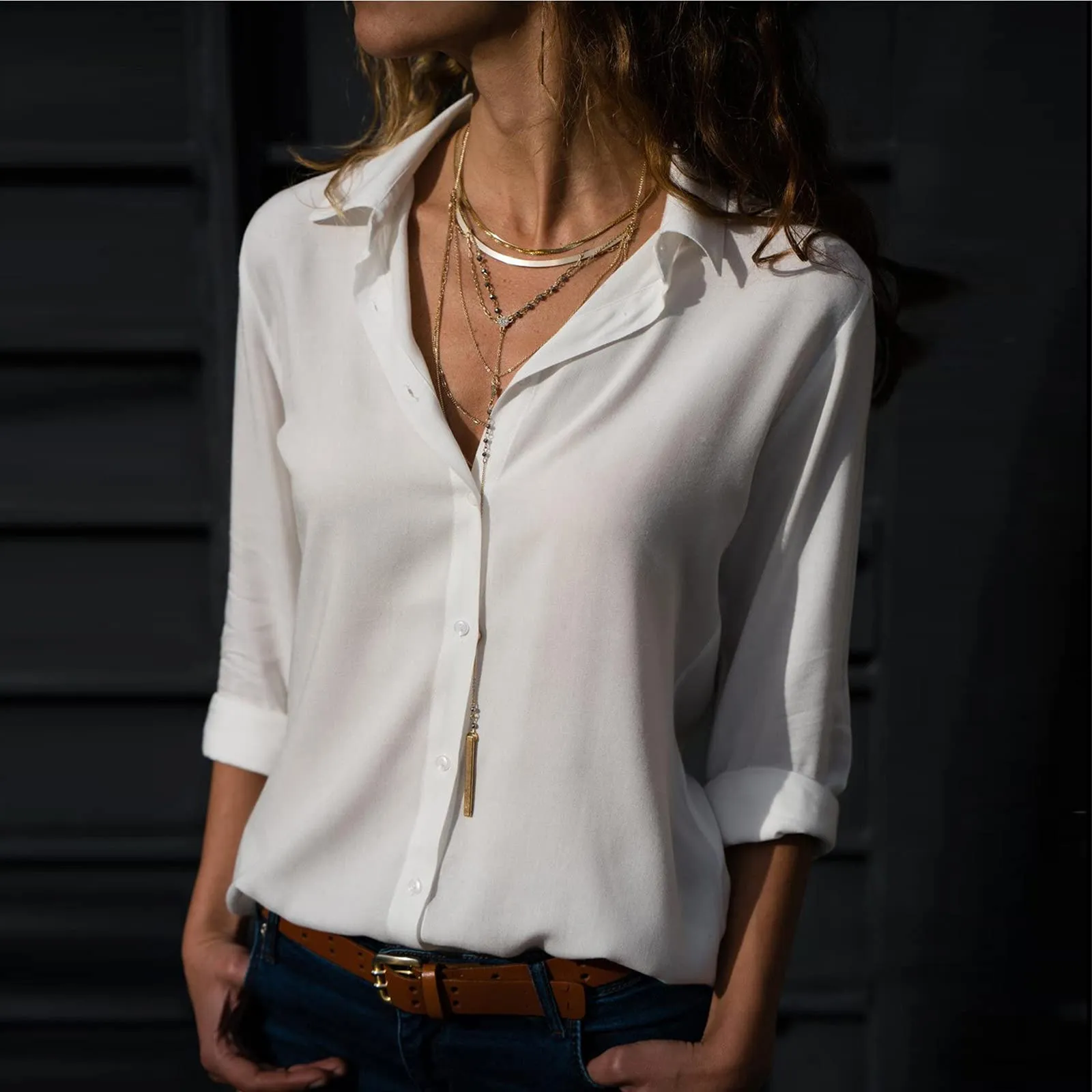Uwdiohq Blusa Polo Maniche Corte Donna Camicia Bianca Casual Manica Lunga Elegante in Pizzo T-Shirt - immagine 2