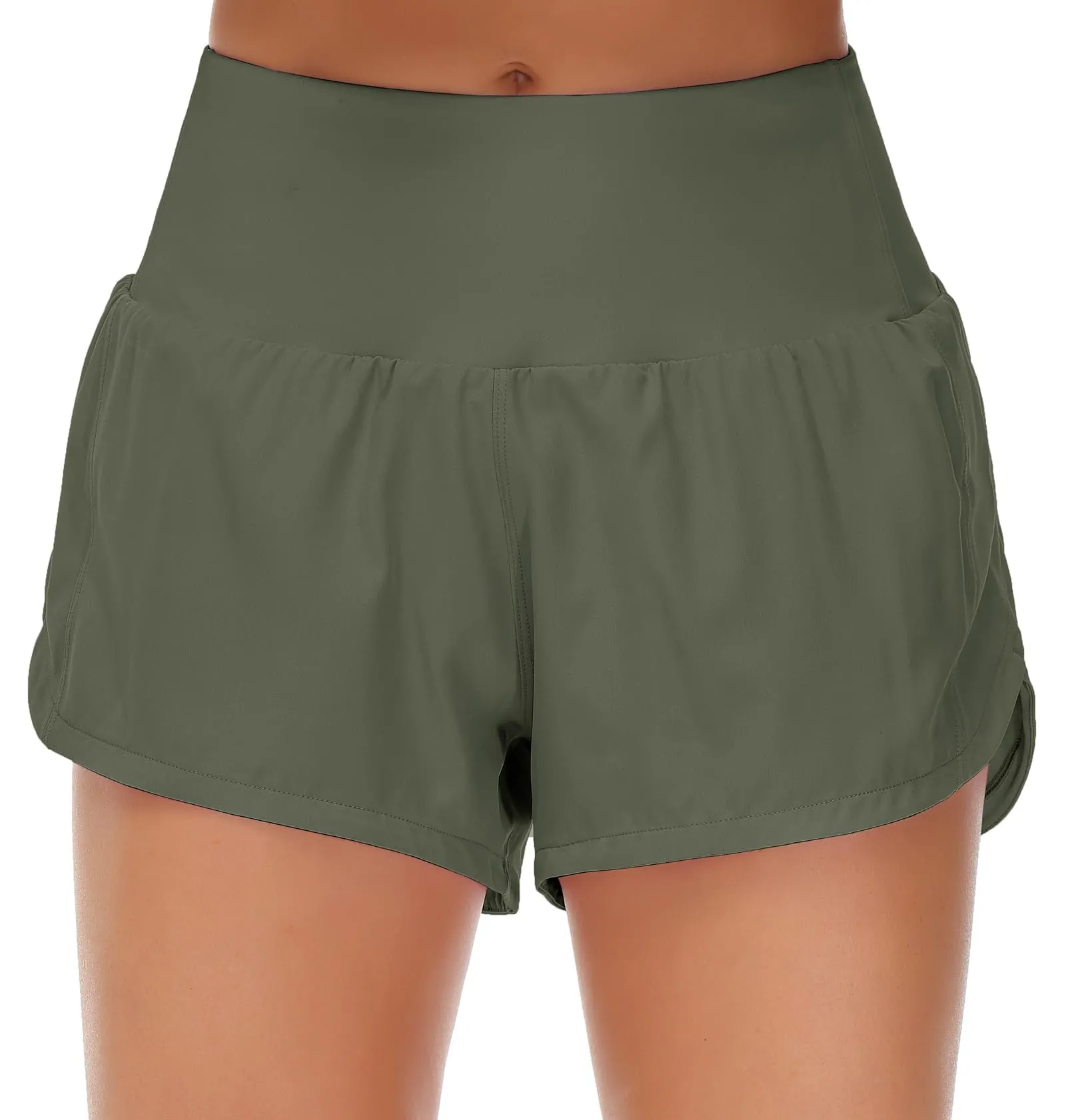 Origiwish Pantaloncini da corsa da donna a vita alta con fodera e tasche con cerniera, Verde oliva, L - immagine 1