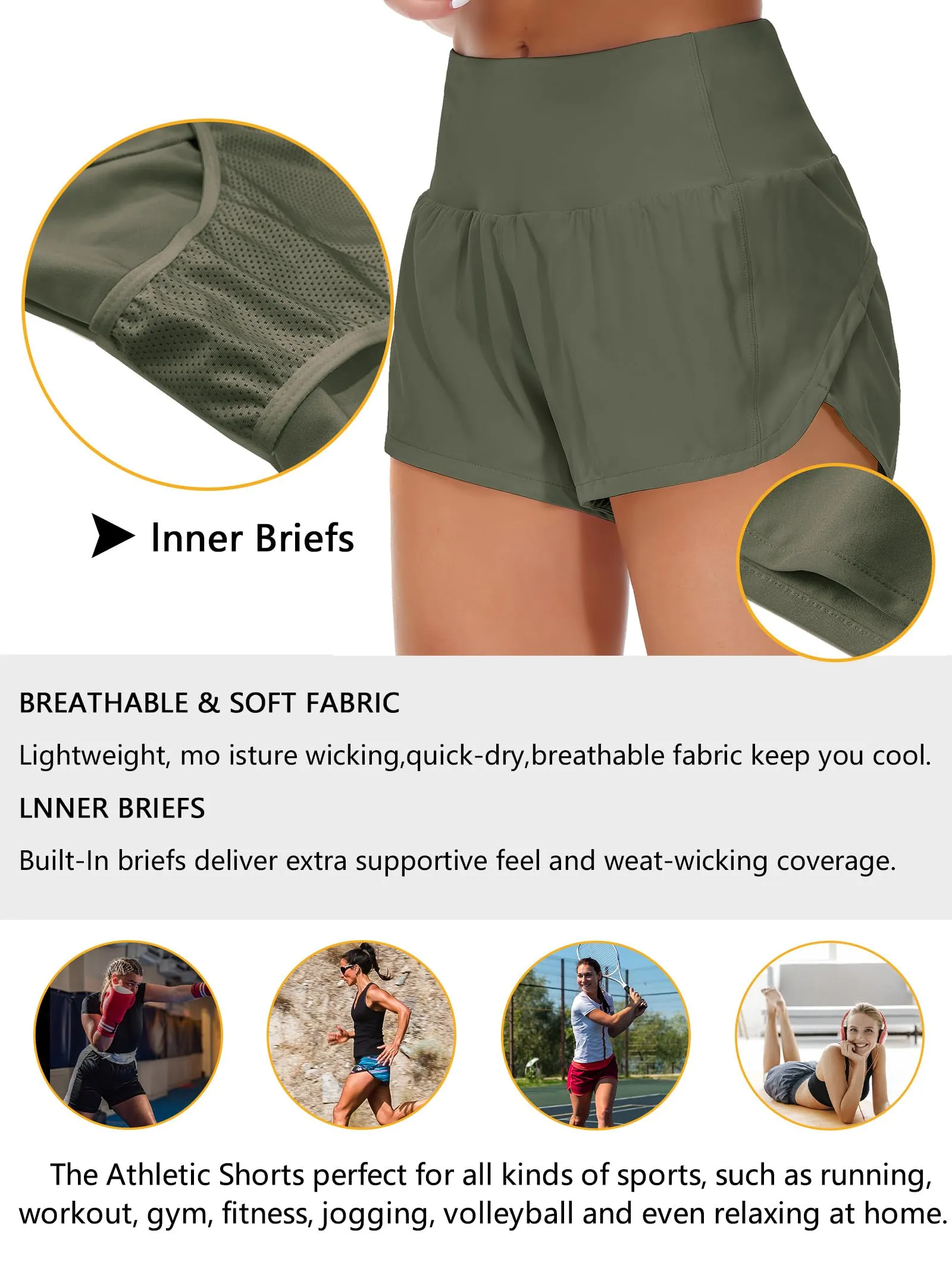 Origiwish Pantaloncini da Corsa da Donna a Vita Alta con Fodera e Tasche con Cerniera, Verde Oliva, M - immagine 6
